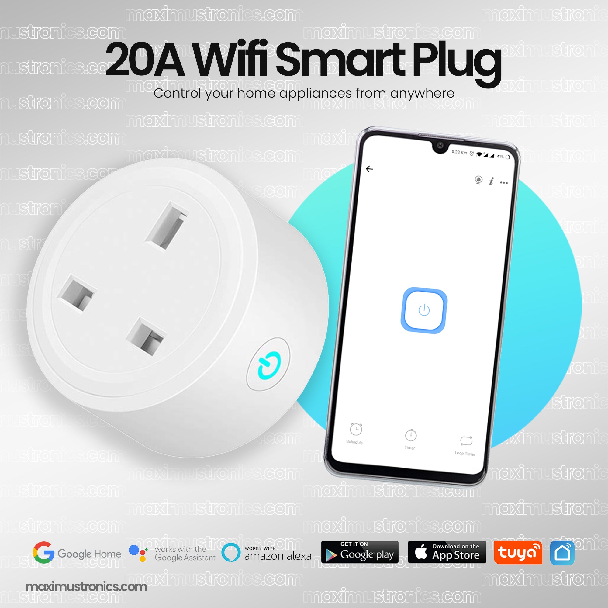 20A 3Pin Smart Wifi Plug Power Moniter Smart Socket energy moniter UK AC100-240V Power Outlet, Alexa Google Home Voice Control, For Tuya Smart Life APP Maximustronics