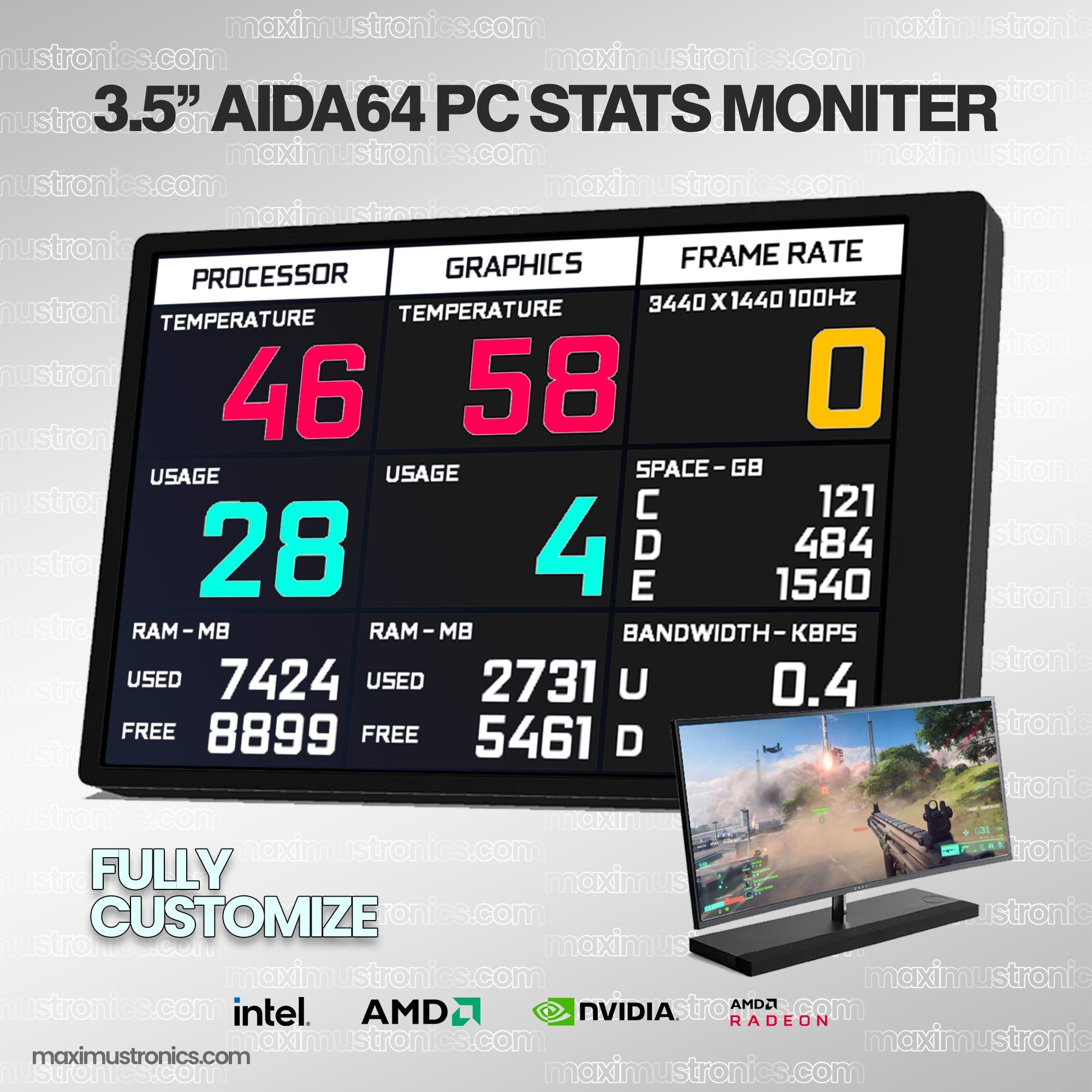 New 3.5 Inch Type-C Secondary Screen Computer CPU GPU RAM HDD Monitor USB Type-C Display For AIDA64 AX206