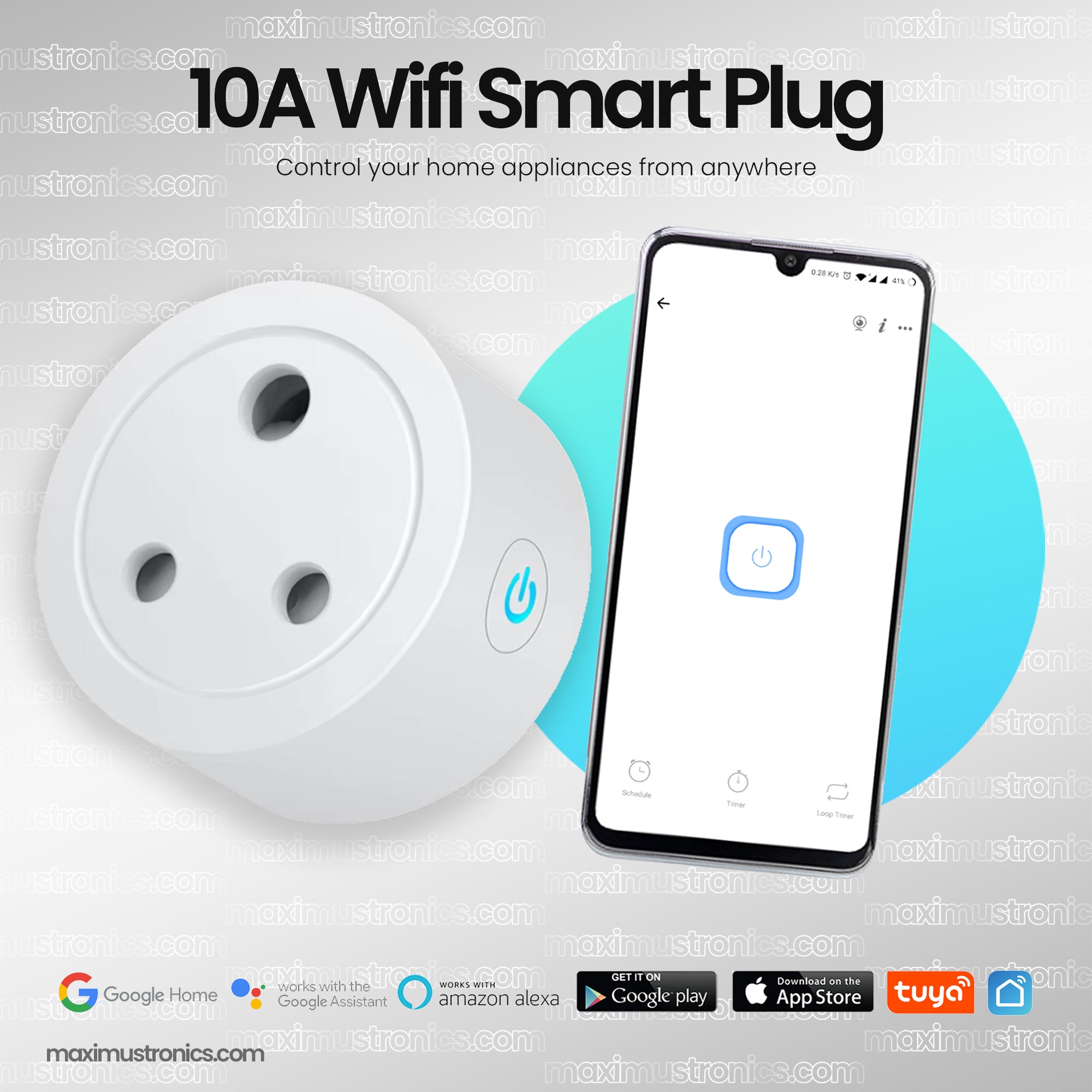 10A 3Pin Smart Wifi Plug Power Moniter Smart Socket energy moniter EU UK AC100-240V Power Outlet, Alexa Google Home Voice Control, For Tuya Smart Life APP Maximustronics