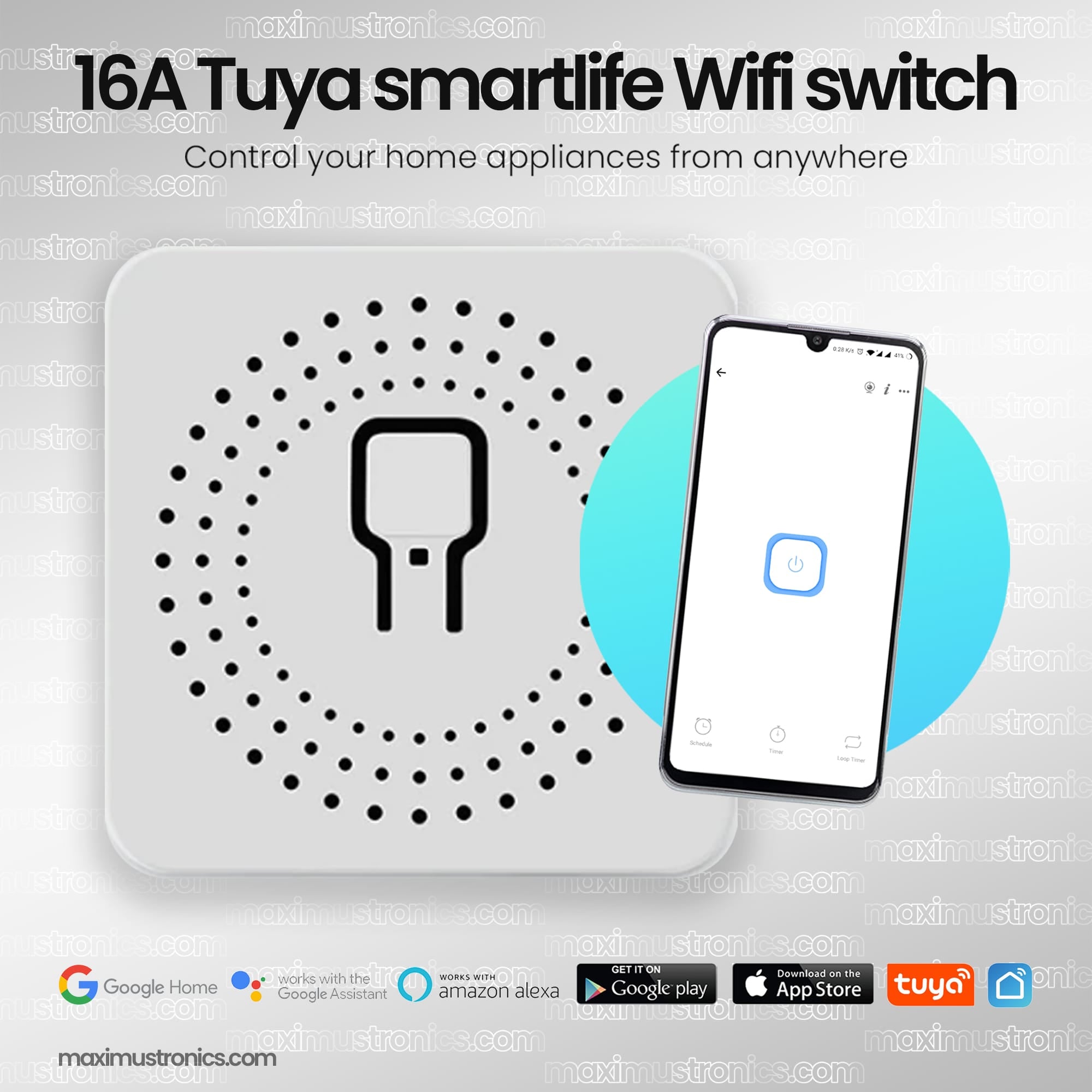 16A Tuya SmartLife smart Wifi Switch mini body timer schedule inching mode you can use on motor water pump electric lock lights fan maximustronics