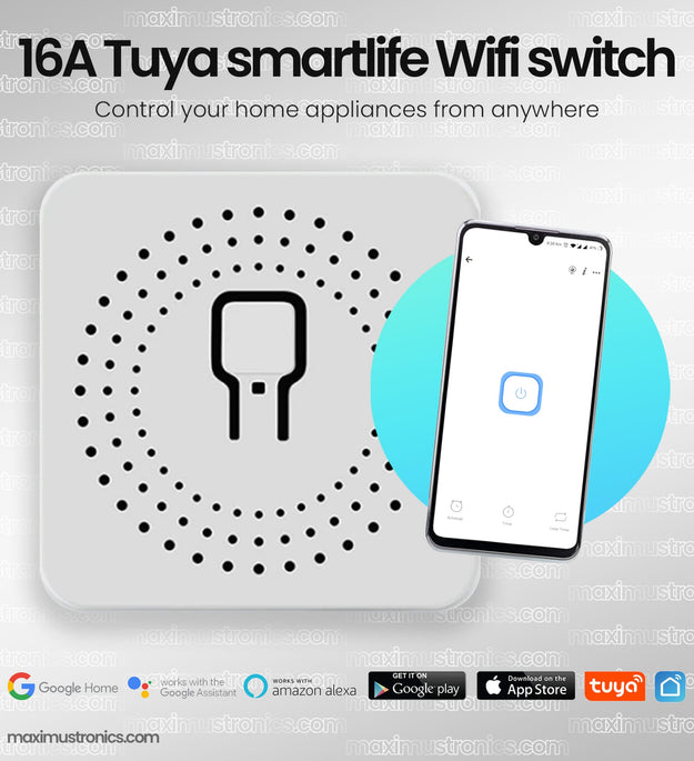 16A Tuya SmartLife smart Wifi Switch mini body timer schedule inching mode you can use on motor water pump electric lock lights fan maximustronics