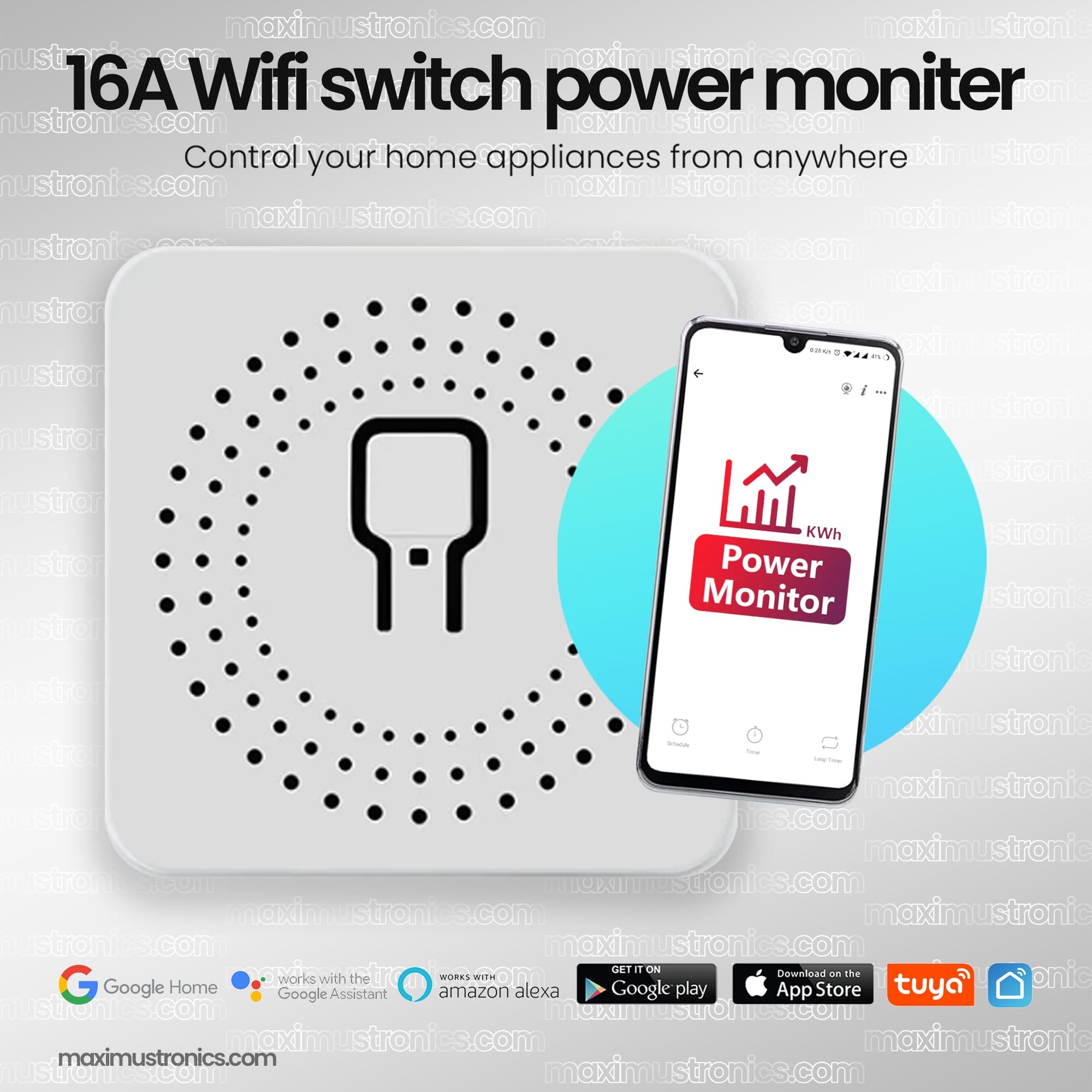 16A Tuya SmartLife smart Wifi Switch power moniter timer schedule inching mode you can use on motor water pump lights fan power consumption