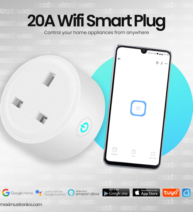 20A 3Pin Smart Wifi Plug Power Moniter Smart Socket energy moniter EU UK AC100-240V Power Outlet, Alexa Google Home Voice Control, For Tuya Smart Life APP Maximustronics