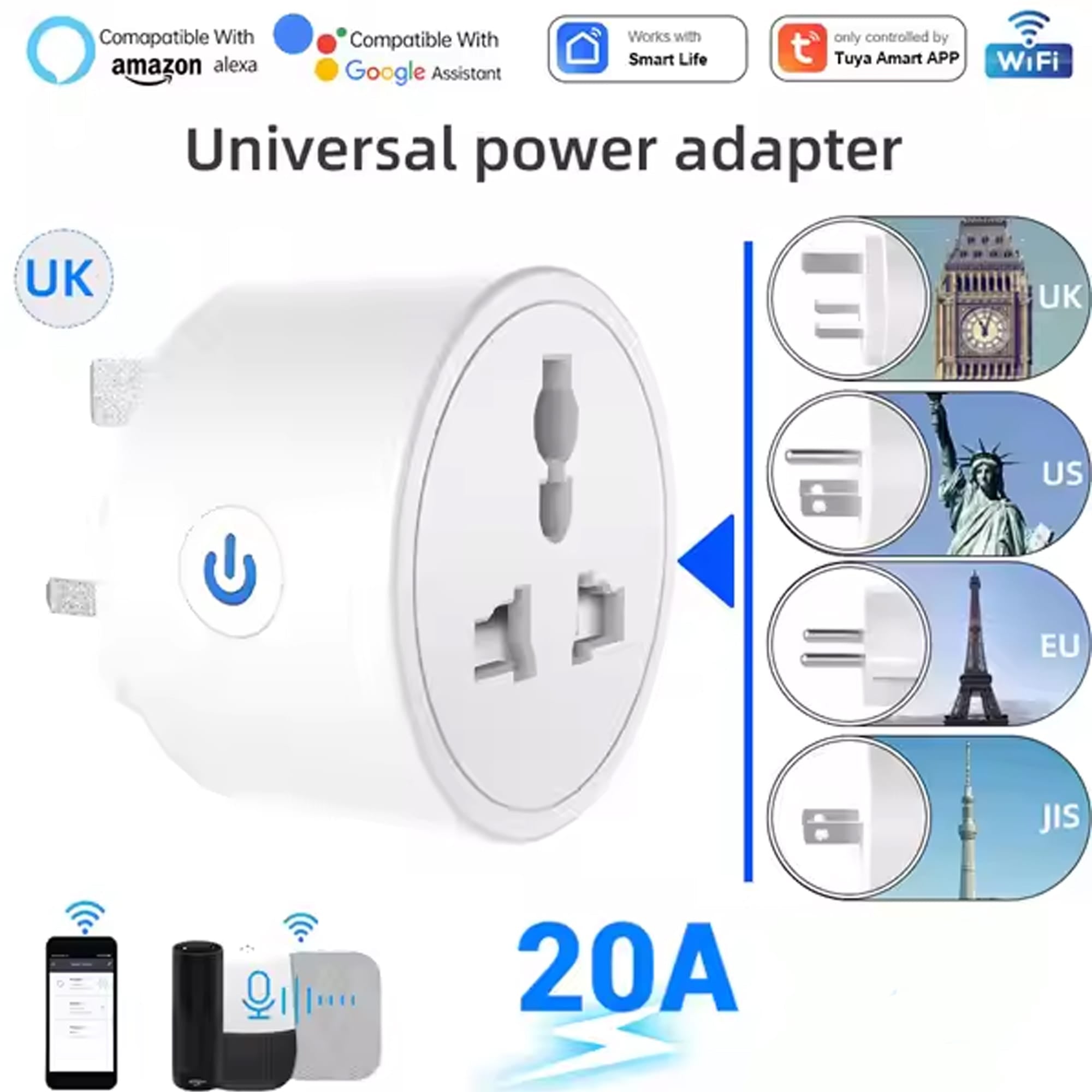 20A 3Pin Smart Wifi Plug Power Moniter Smart Socket energy moniter EU UK AC100-240V Power Outlet, Alexa Google Home Voice Control, For Tuya Smart Life APP Maximustronics