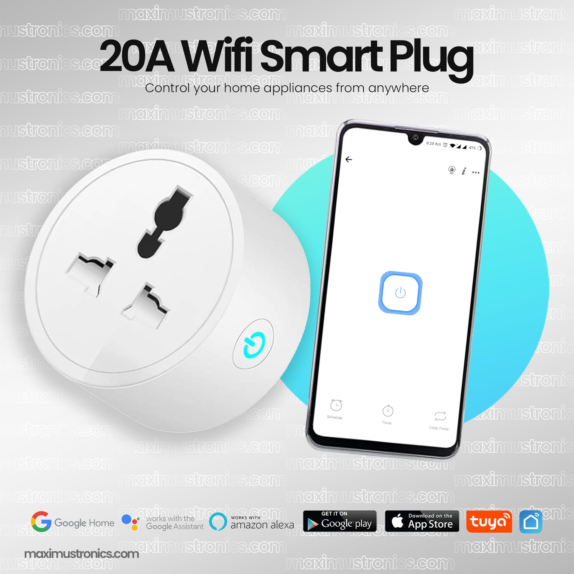 20A 3Pin Smart Wifi Plug Power Moniter Smart Socket energy moniter EU UK AC100-240V Power Outlet, Alexa Google Home Voice Control, For Tuya Smart Life APP Maximustronics