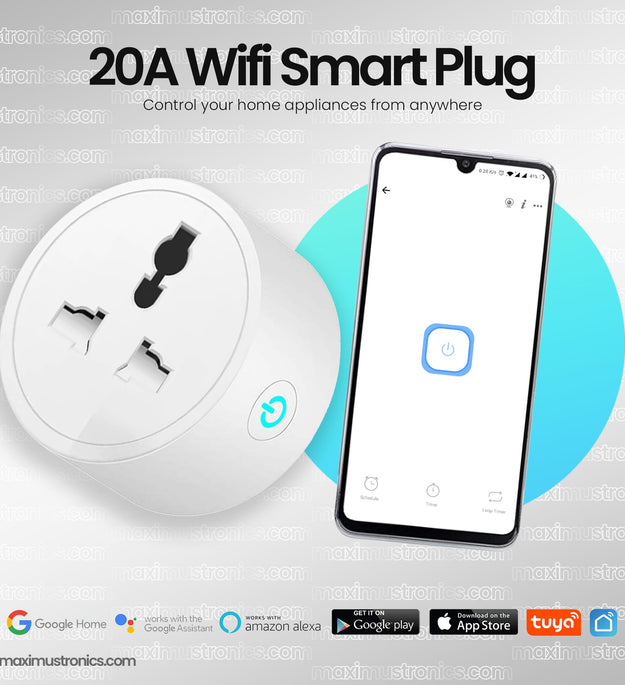 20A 3Pin Smart Wifi Plug Power Moniter Smart Socket energy moniter EU UK AC100-240V Power Outlet, Alexa Google Home Voice Control, For Tuya Smart Life APP Maximustronics