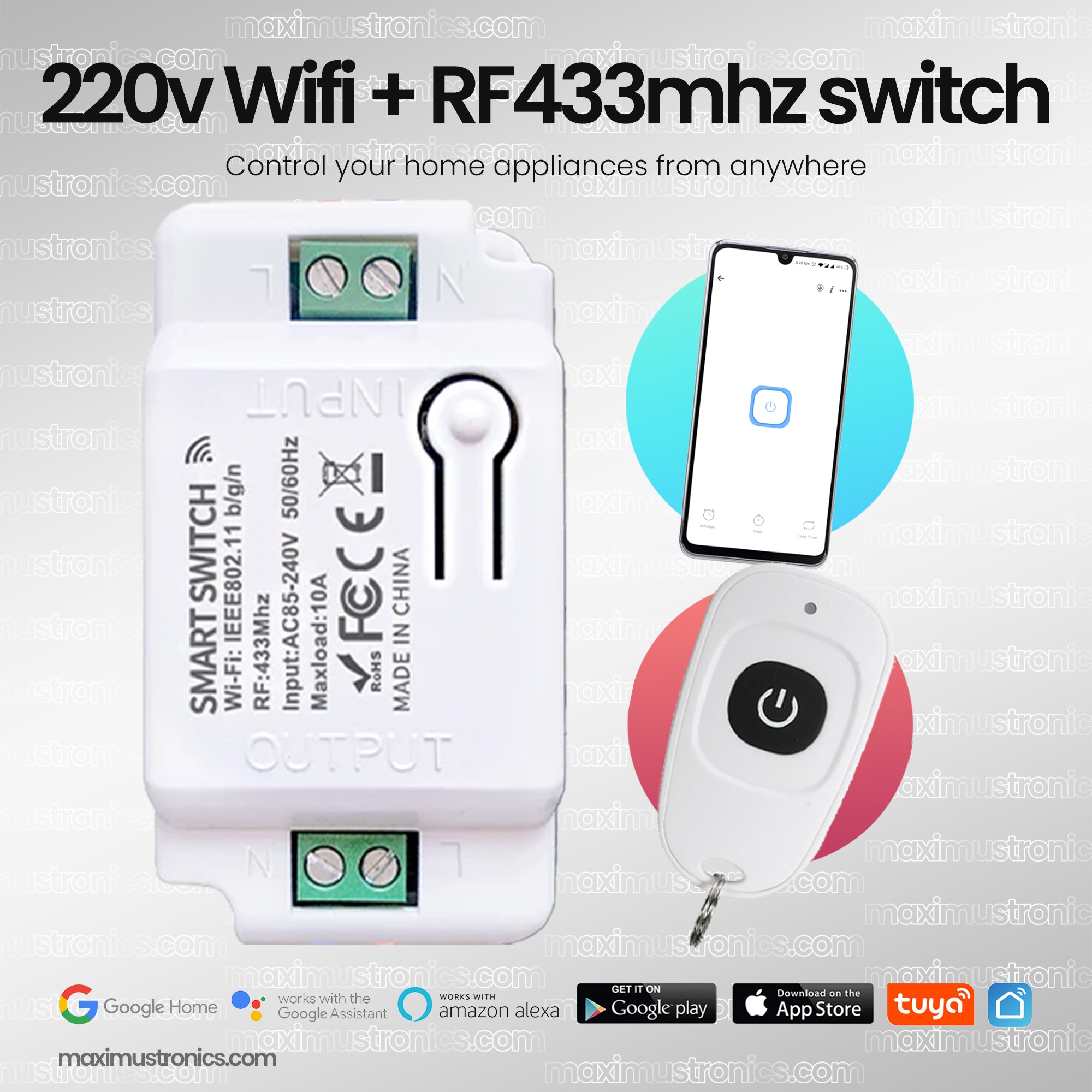 10A Smart WIFI RF433mhz tuya smart life remote control AC switch 220v 1ch 1gang Home automation timer & schedule, inching mode push button mode google assistant amazon alexa