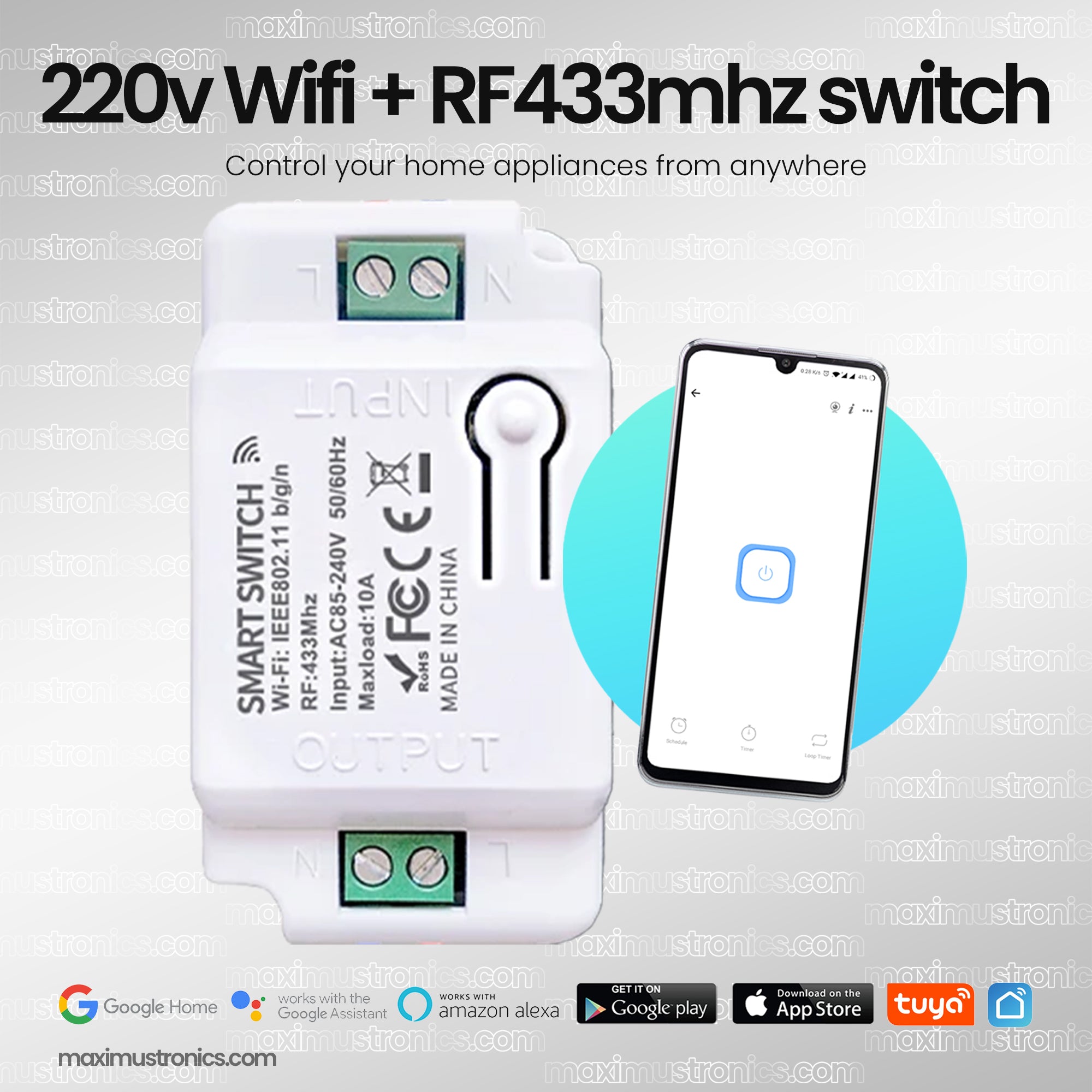 10A Smart WIFI RF433mhz tuya smart life remote control AC switch 220v 1ch 1gang Home automation timer & schedule, inching mode push button mode google assistant amazon alexa