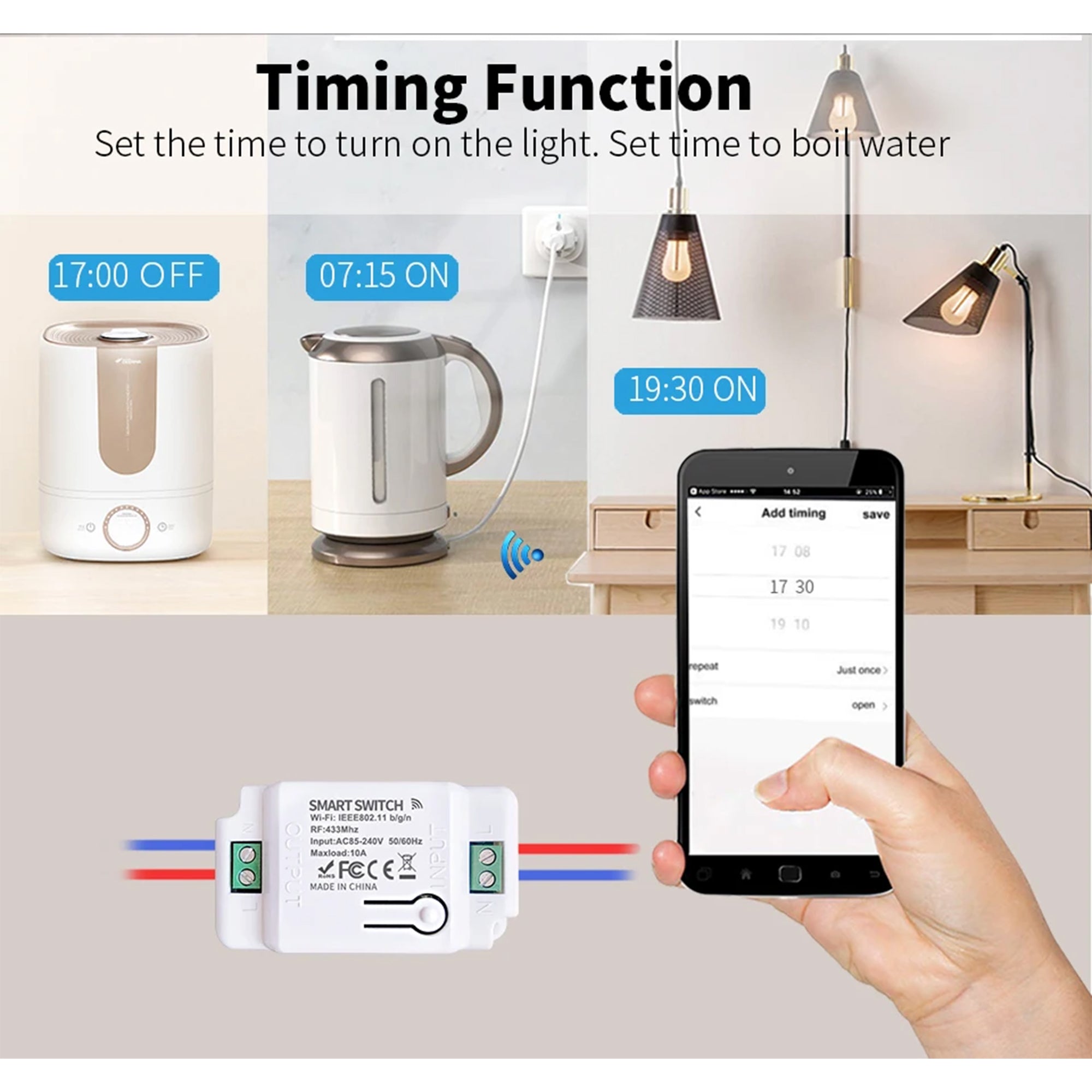 10A Smart WIFI RF433mhz tuya smart life remote control AC switch 220v 1ch 1gang Home automation timer & schedule, inching mode push button mode google assistant amazon alexa