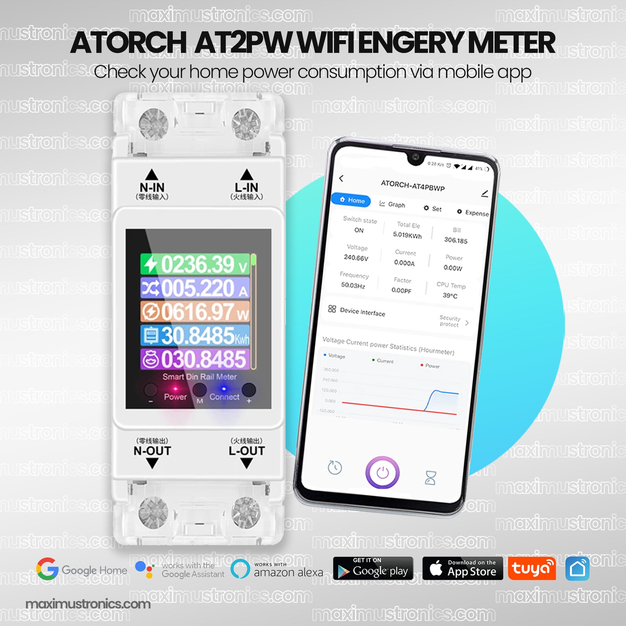 Atorch AT2PW Smart Wifi Energy Meter Power Moniter Tuya smartlife Breaker set Unit and billing