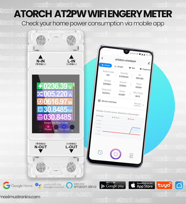 Atorch AT2PW Smart Wifi Energy Meter Power Moniter Tuya smartlife Breaker set Unit and billing