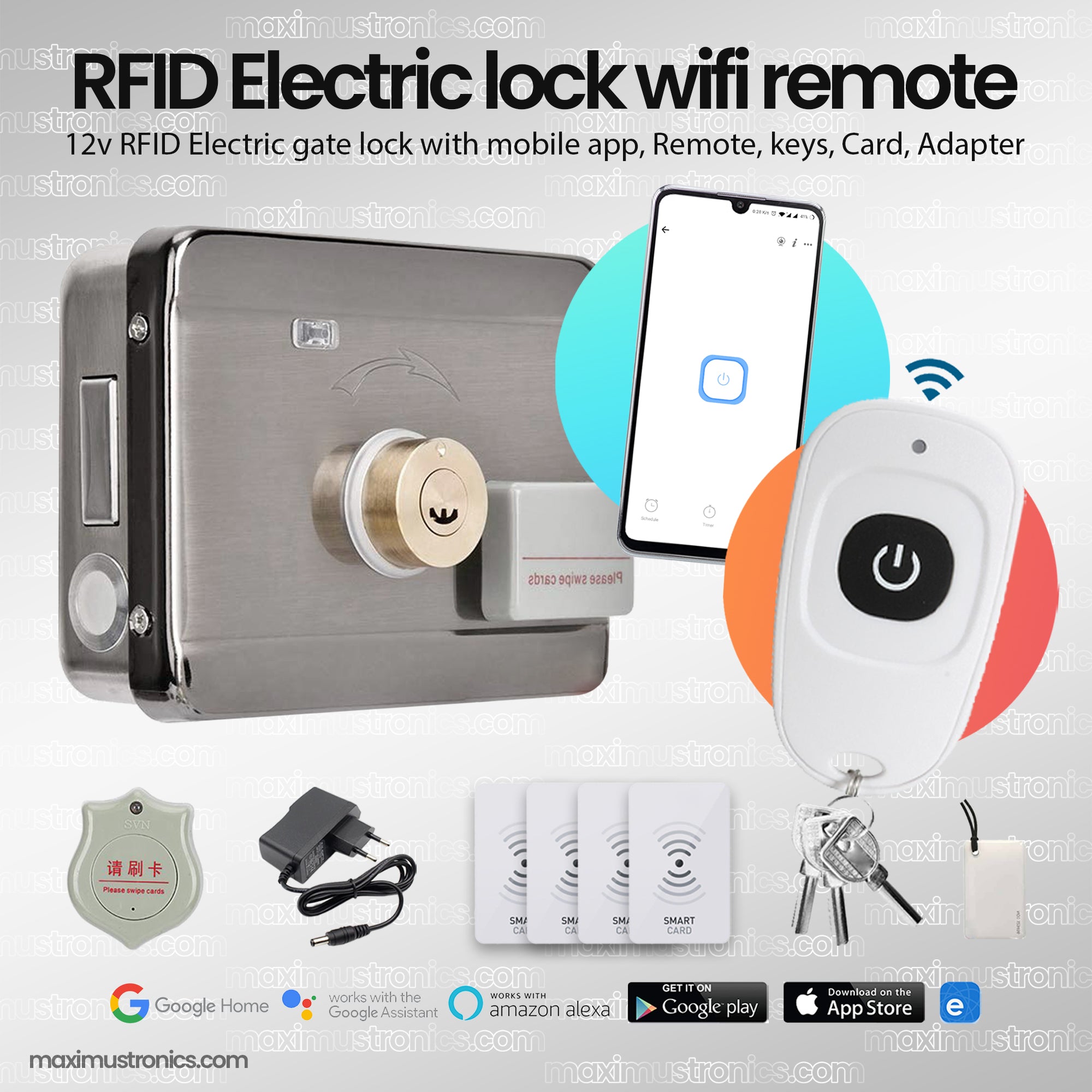 RFID WIFI RF433mhz Remote control Electric rim door lock main gate lock 12V DC rfid card and tag 125Khz with keys for Office and home Security use