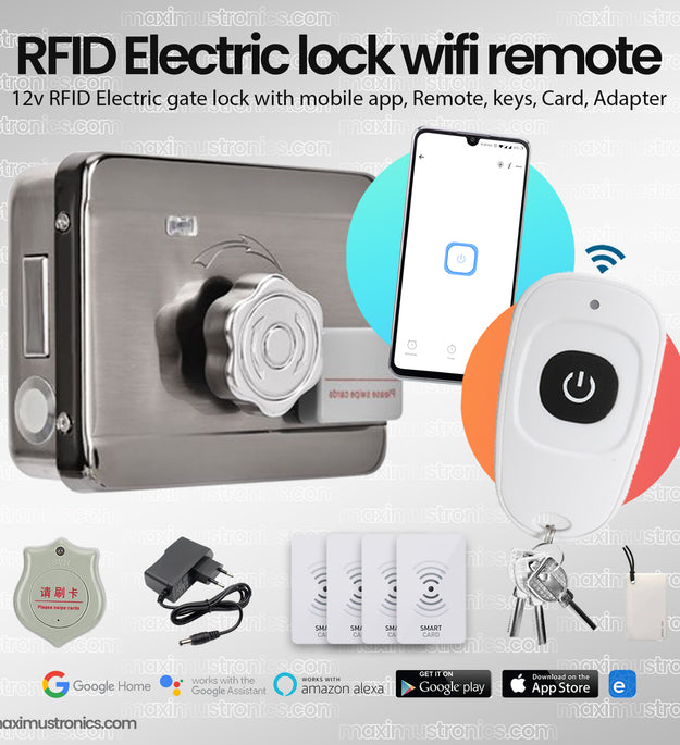 Smart Wifi and RF Remote control RFID Electric rim door lock main gate lock 12V DC rfid card and tag 125Khz with keys for Office and home Security use