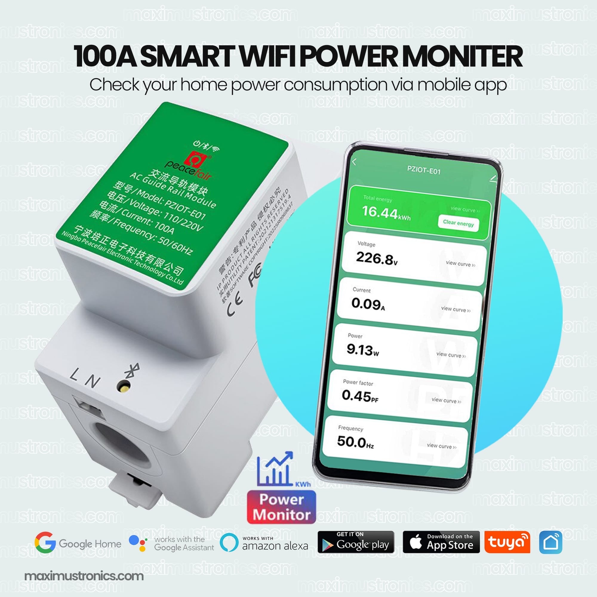 100A 220v Tuya Peacefair smart wifi power energy moniter on single phase wire, power consumption record, din rail circuit breaker size