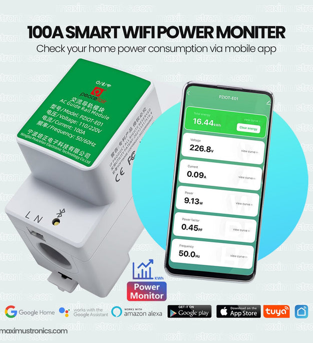 100A 220v Tuya Peacefair smart wifi power energy moniter on single phase wire, power consumption record, din rail circuit breaker size