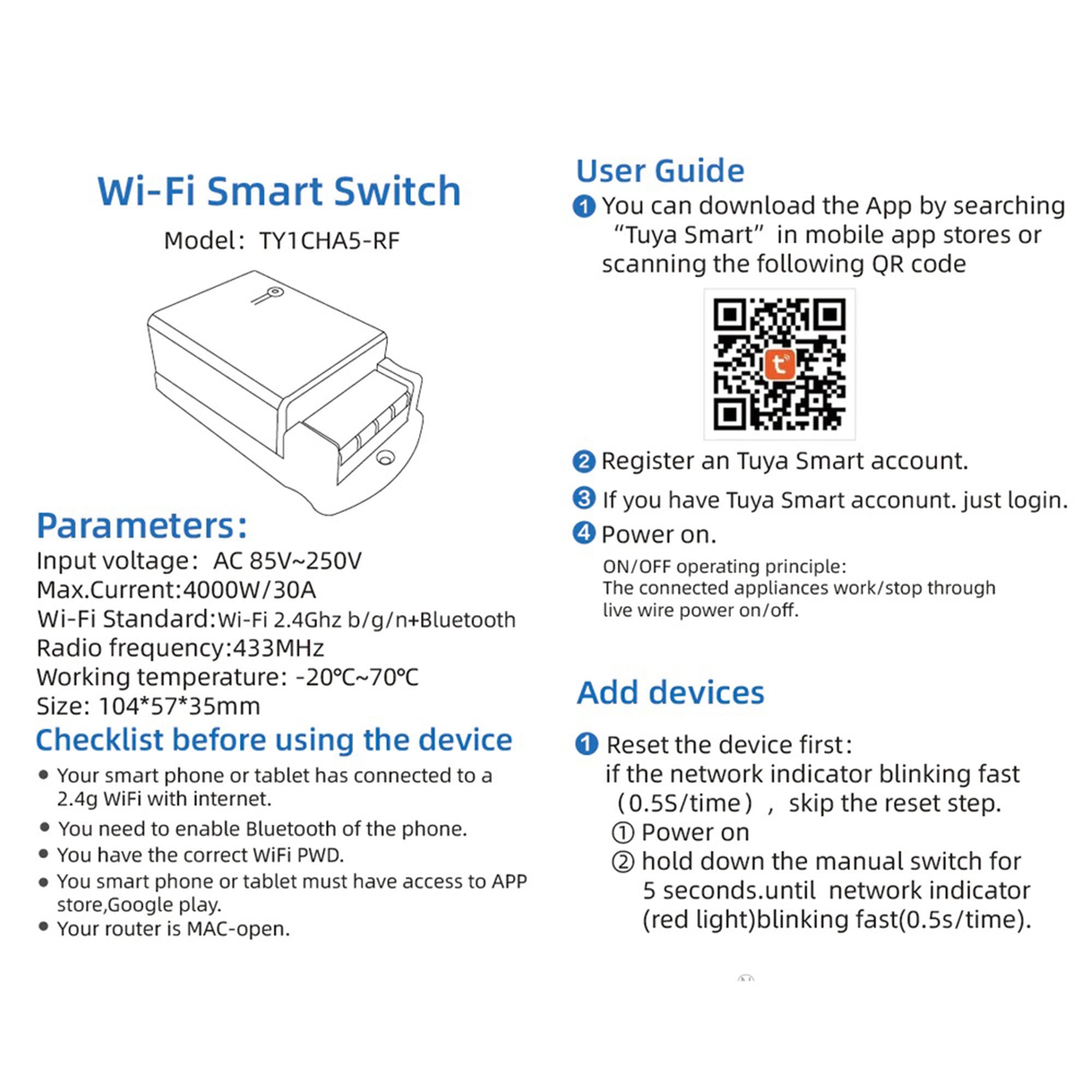 30A Wifi RF433Mhz tuya smartlife remote control switch 220v 6600W for heavyload home appliances