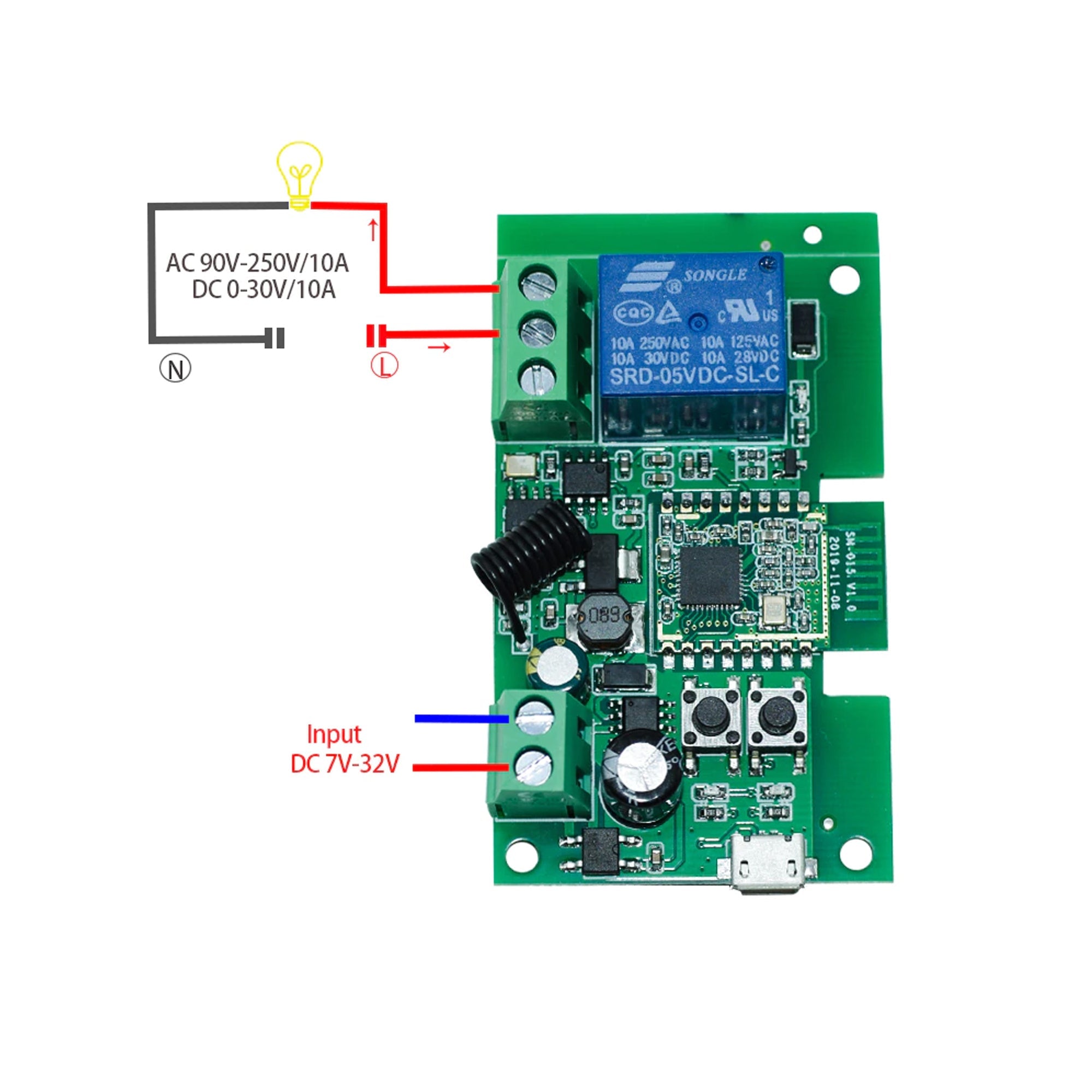 5v Remote Control Switch 7v ~ 32v 12v Wifi RF 433Mhz Remote Control DC Switch MicroUSB 5V 10A d ...