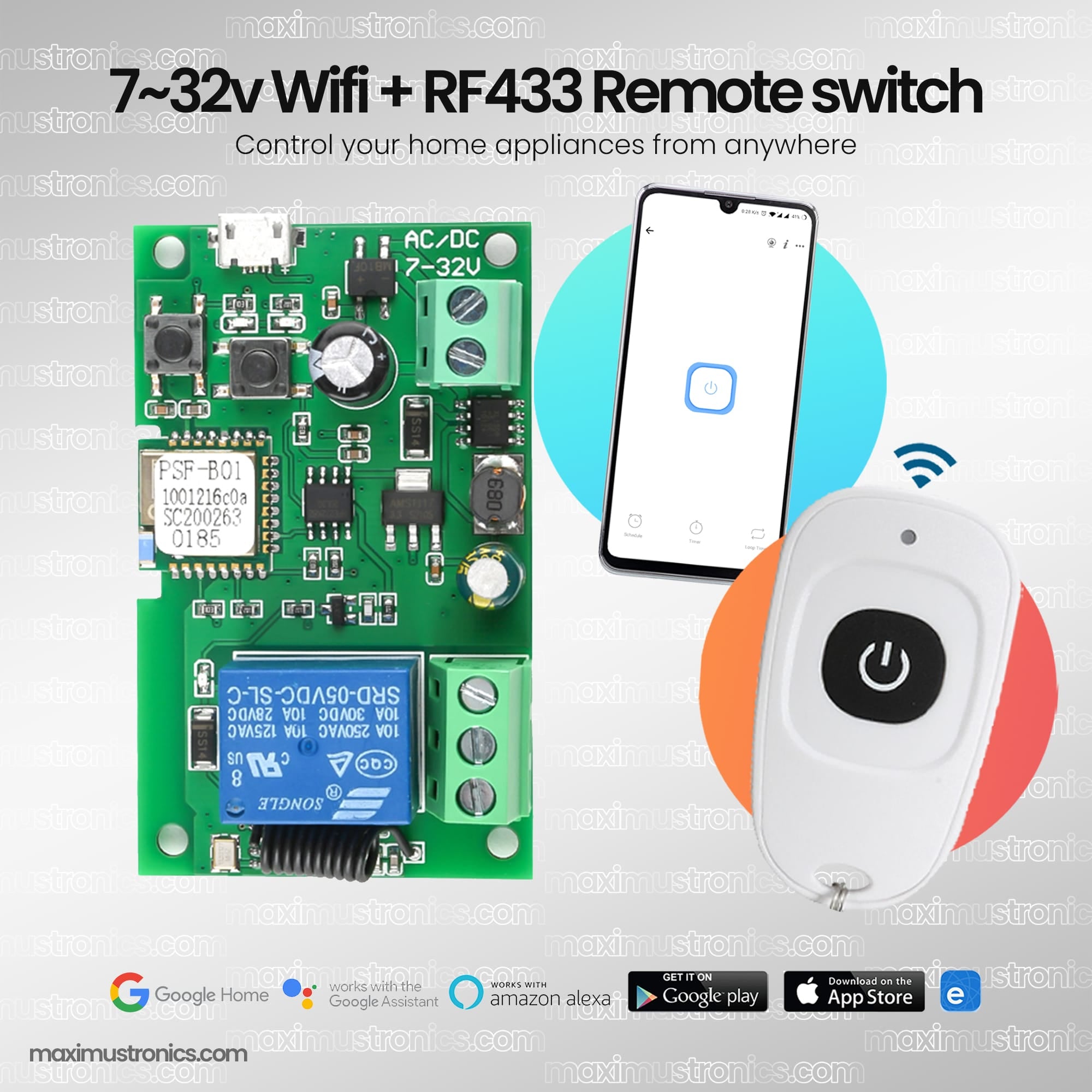 5v Remote Control Switch 7v ~ 32v 12v Wifi RF 433Mhz Remote Control DC Switch MicroUSB 5V 10A d ...