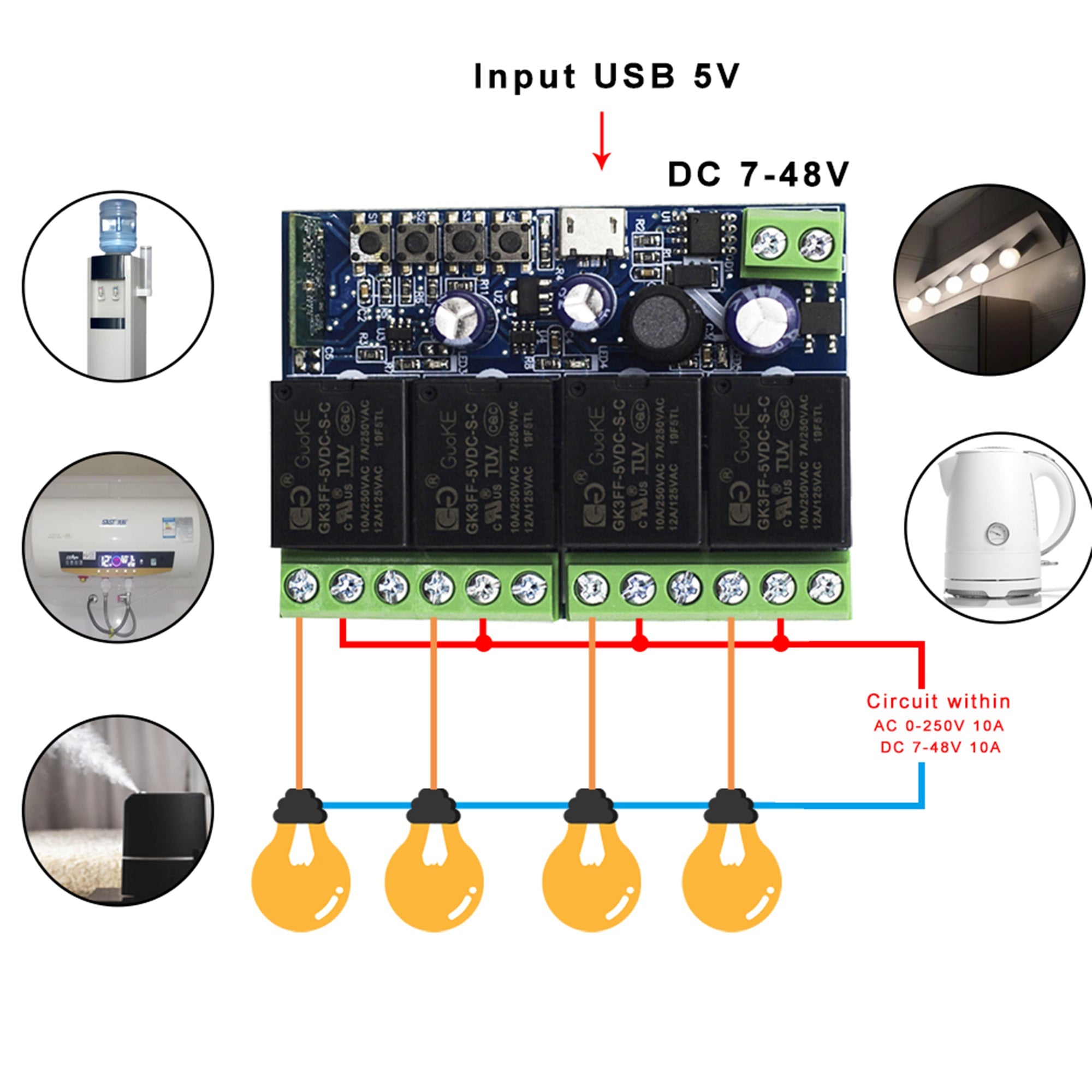 12v dc 4CH Smart Wifi Switch to control upto 4 home appliances DC (Dry contact) input 7to48v output 220v AC 10A each load ewelink app