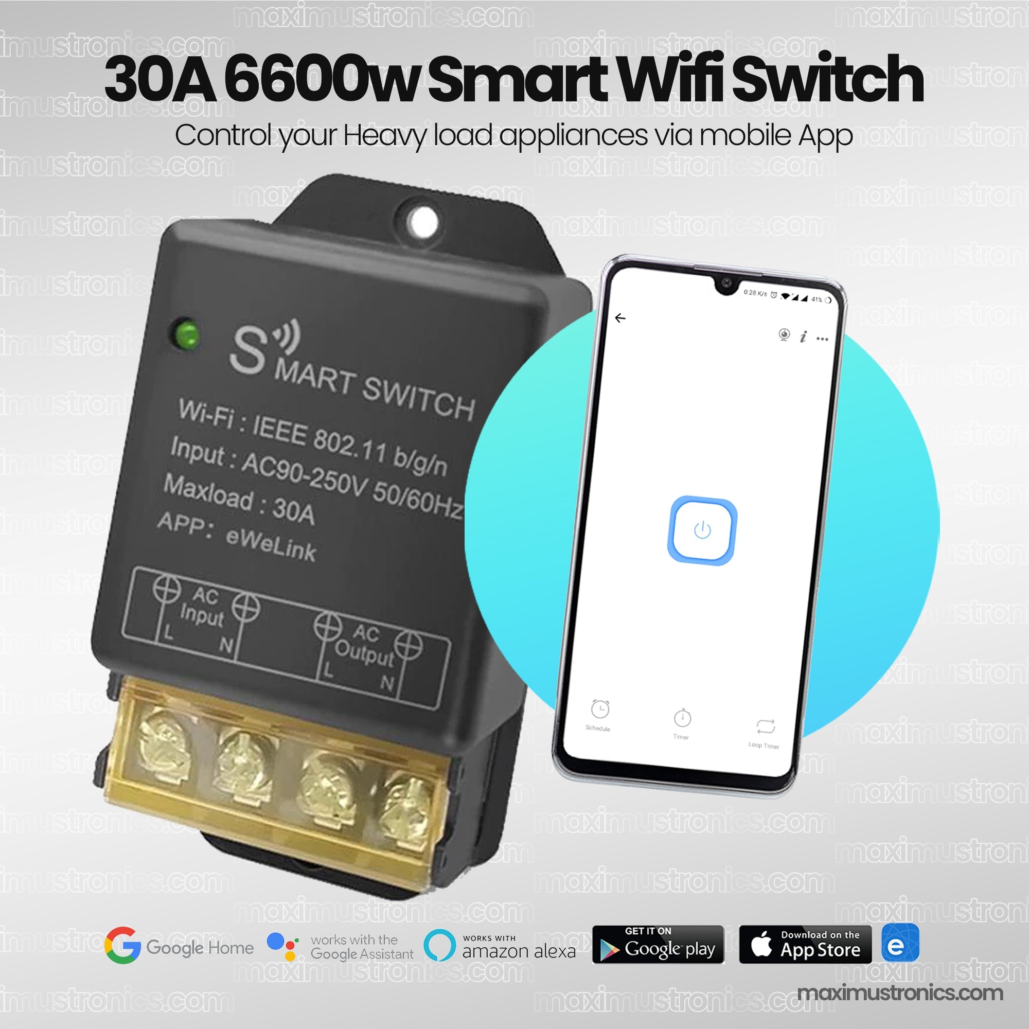 30A 220V Ewelink Smart wifi switch for heavyload appliances geyser, electric heater, air conditioner, water pump, motor, mobile app