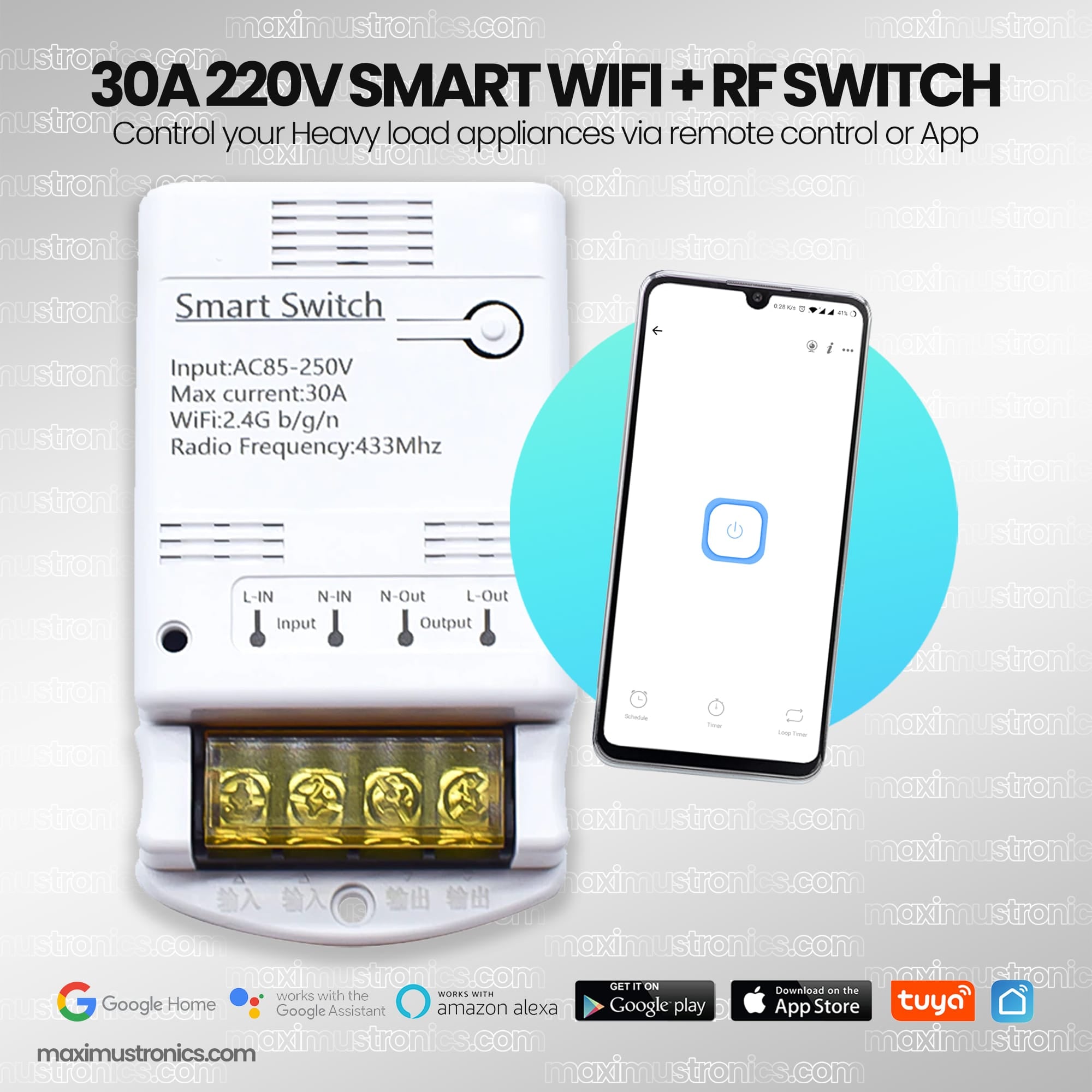 30A Wifi RF433Mhz tuya smartlife remote control switch 220v 6600W for heavyload home appliances