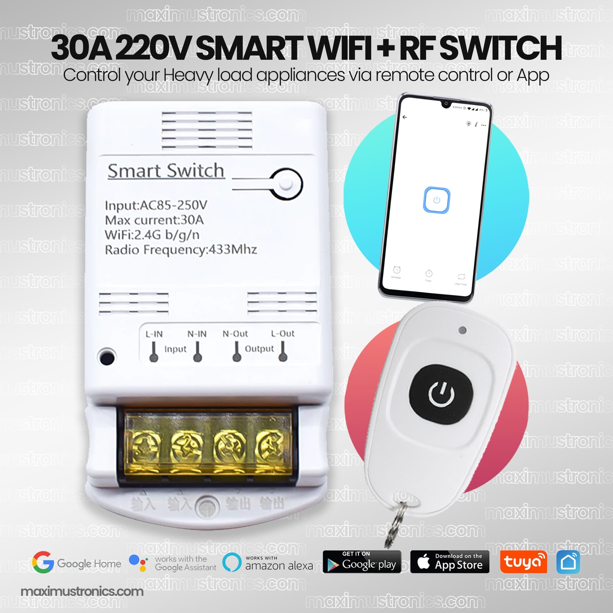 30A Wifi RF433Mhz tuya smartlife remote control switch 220v 6600W for heavyload home appliances