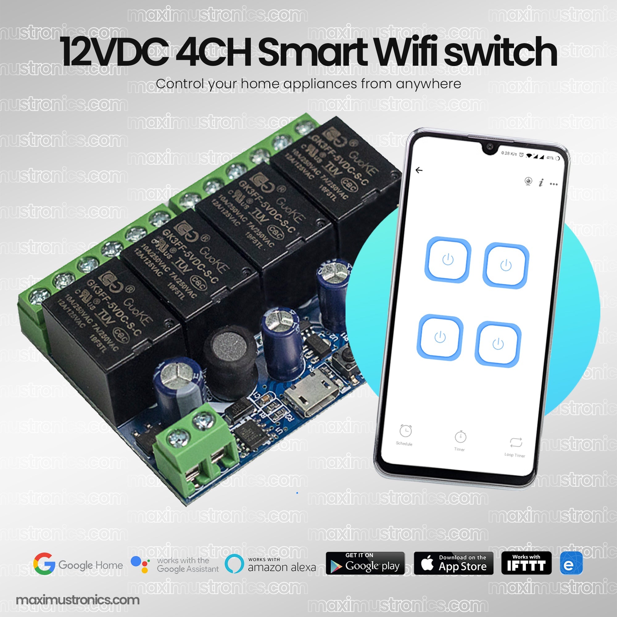 12v dc 4CH Smart Wifi Switch to control upto 4 home appliances DC (Dry contact) input 7to48v output 220v AC 10A each load ewelink app