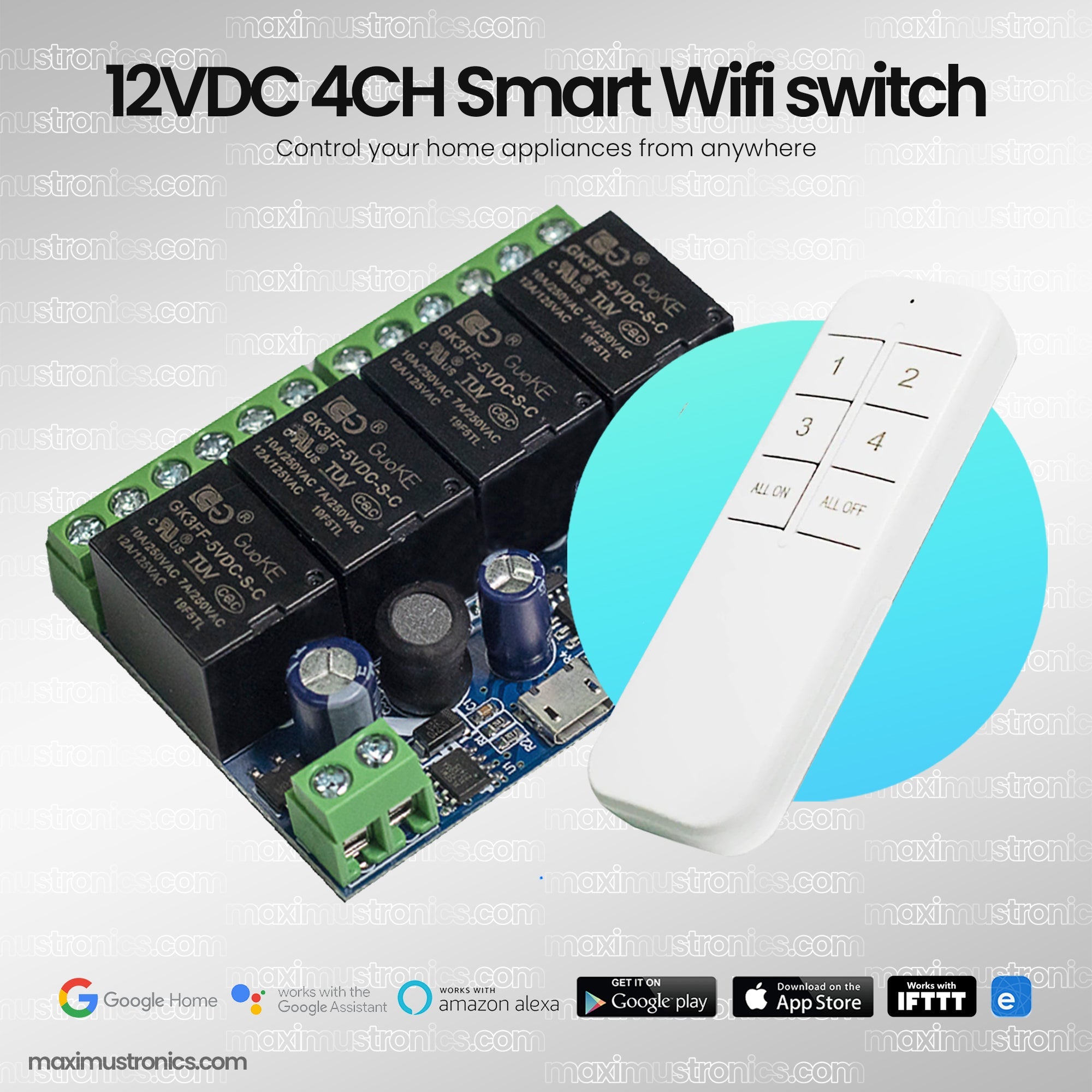 12v dc 4CH Smart Wifi Switch to control upto 4 home appliances DC (Dry contact) input 7to48v output 220v AC 10A each load ewelink app