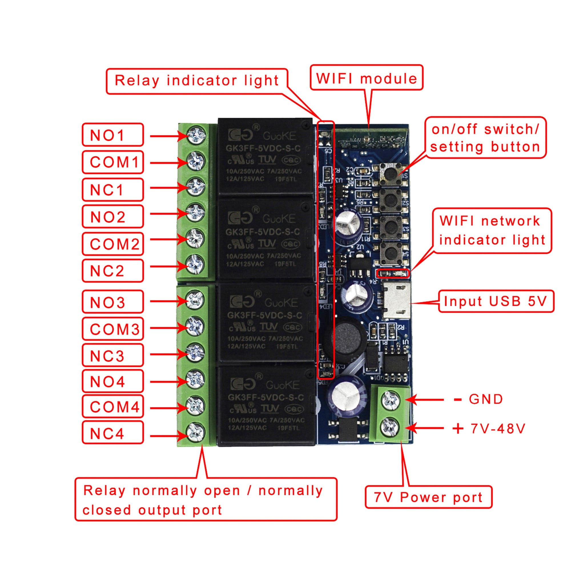 12v dc 4CH Smart Wifi Switch to control upto 4 home appliances DC (Dry contact) input 7to48v output 220v AC 10A each load ewelink app