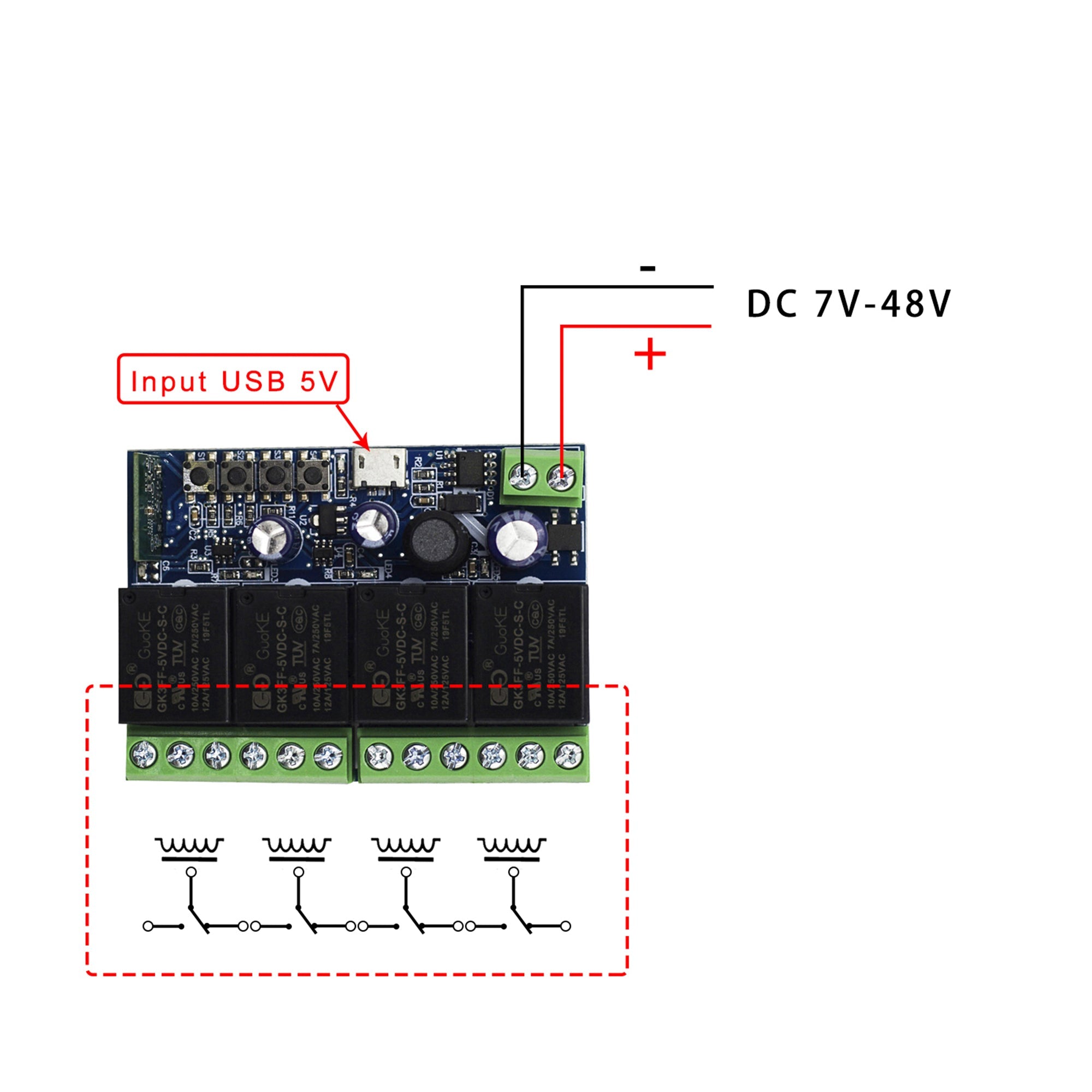 12v dc 4CH Smart Wifi Switch to control upto 4 home appliances DC (Dry contact) input 7to48v output 220v AC 10A each load ewelink app