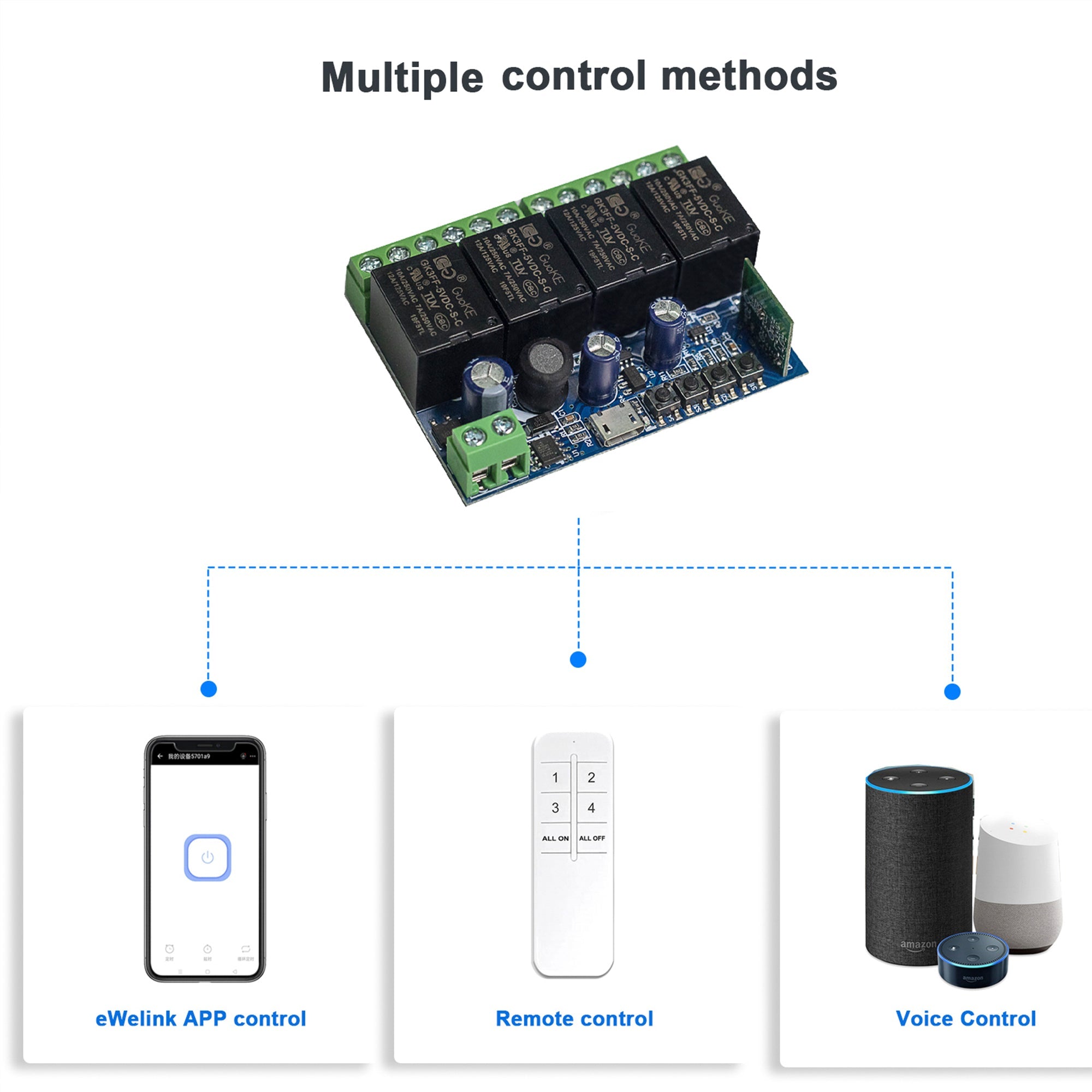 12v dc 4CH Smart Wifi Switch to control upto 4 home appliances DC (Dry contact) input 7to48v output 220v AC 10A each load ewelink app