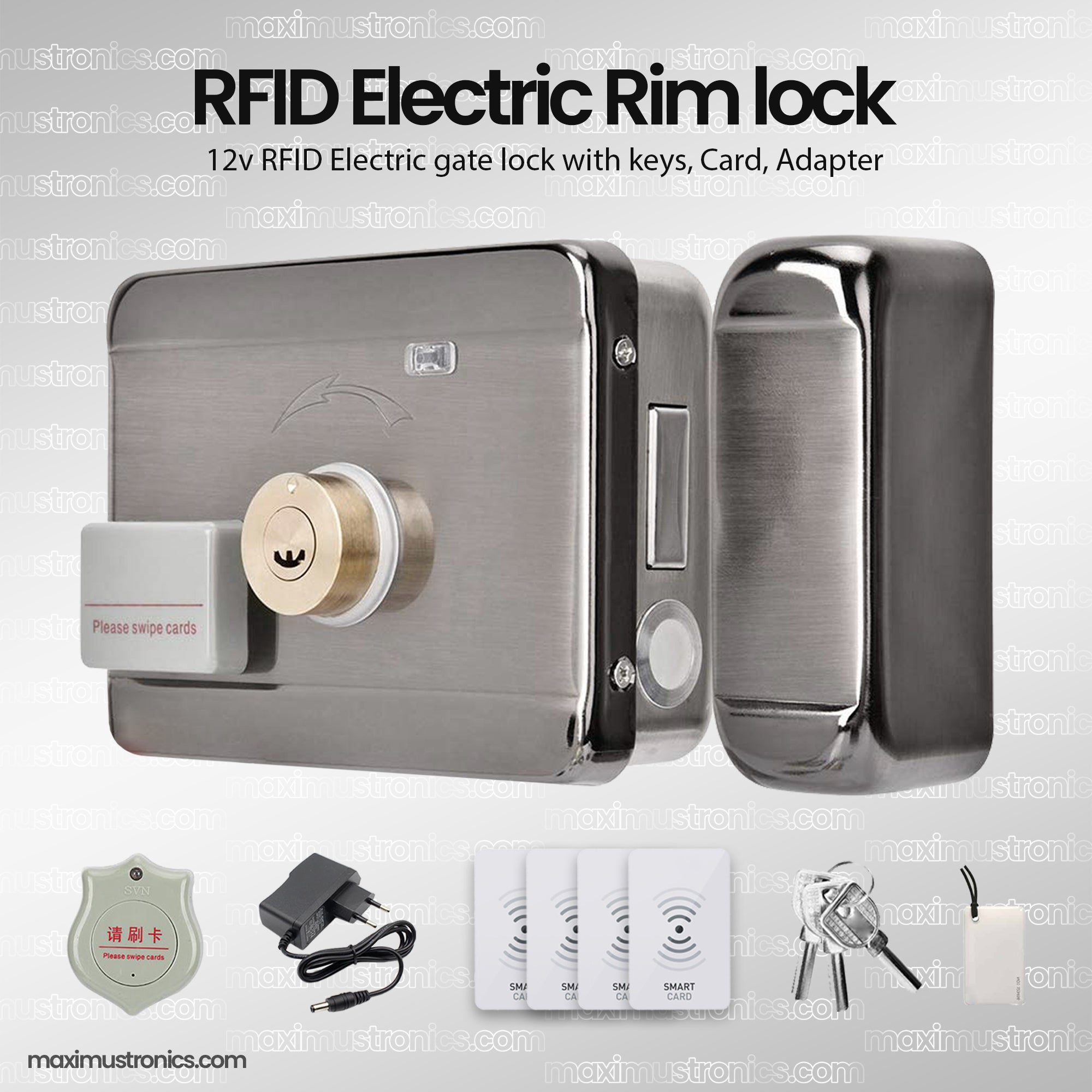 RFID Electric rim door lock main gate lock 12V DC rfid card and tag 12 ...