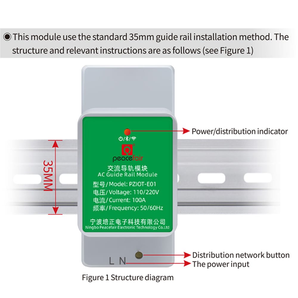 100A 220v Tuya Peacefair smart wifi power energy moniter on single phase wire, power consumption record, din rail circuit breaker size