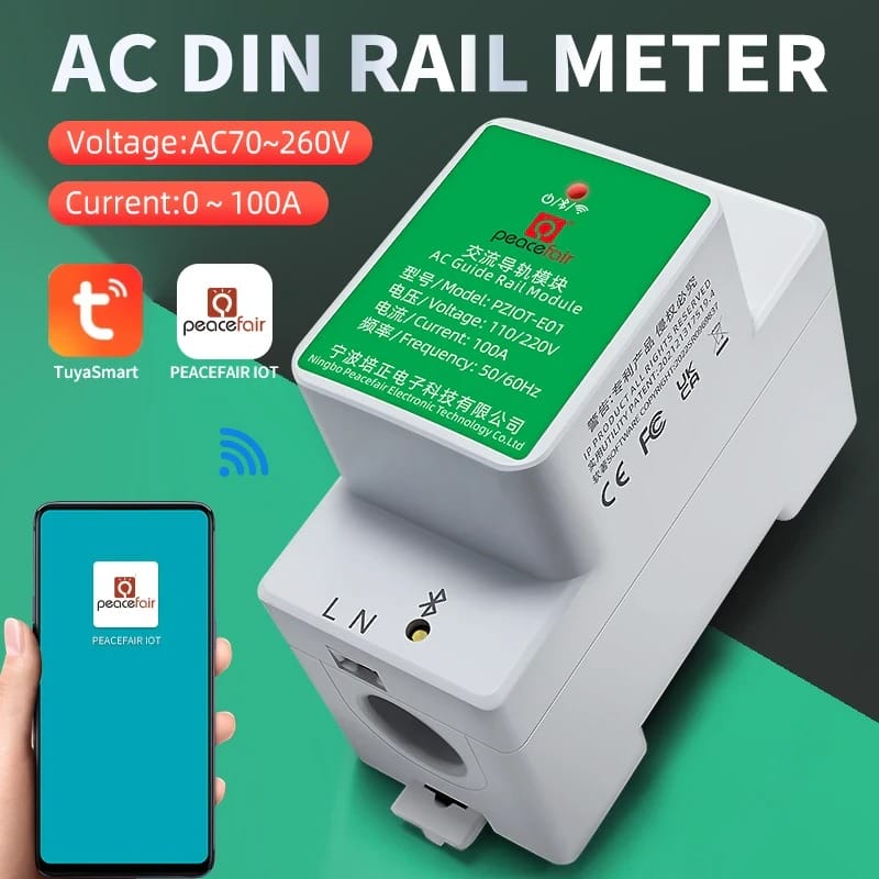 100A 220v Tuya Peacefair smart wifi power energy moniter on single phase wire, power consumption record, din rail circuit breaker size