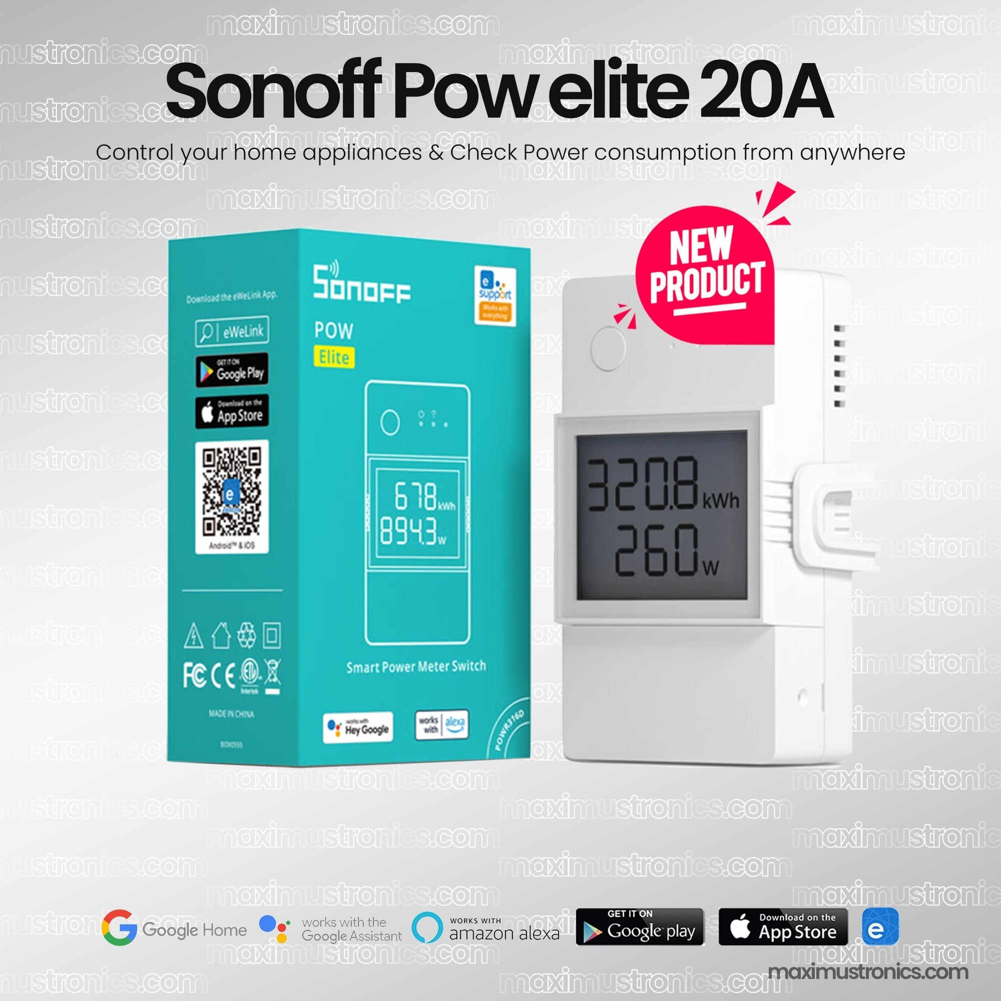 Sonoff POW Elite 20A Smart Power Meter Switch Energy power monitering on screen and ewelink app , smart wifi switch for motor, water pump, or other home appliances