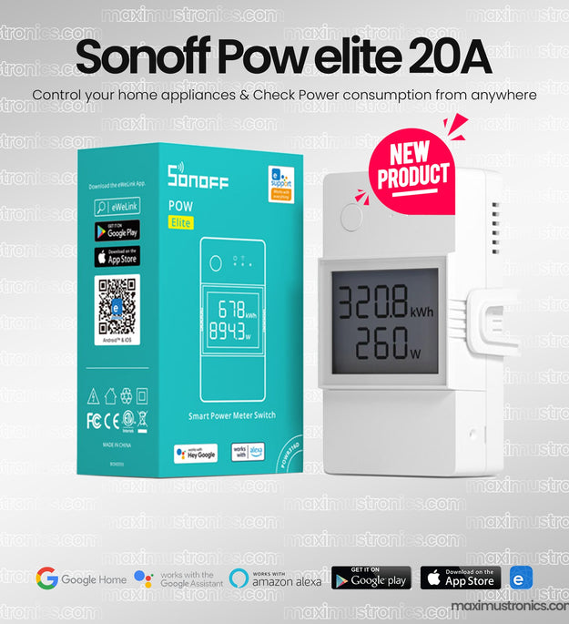 Sonoff POW Elite 20A Smart Power Meter Switch Energy power monitering on screen and ewelink app , smart wifi switch for motor, water pump, or other home appliances