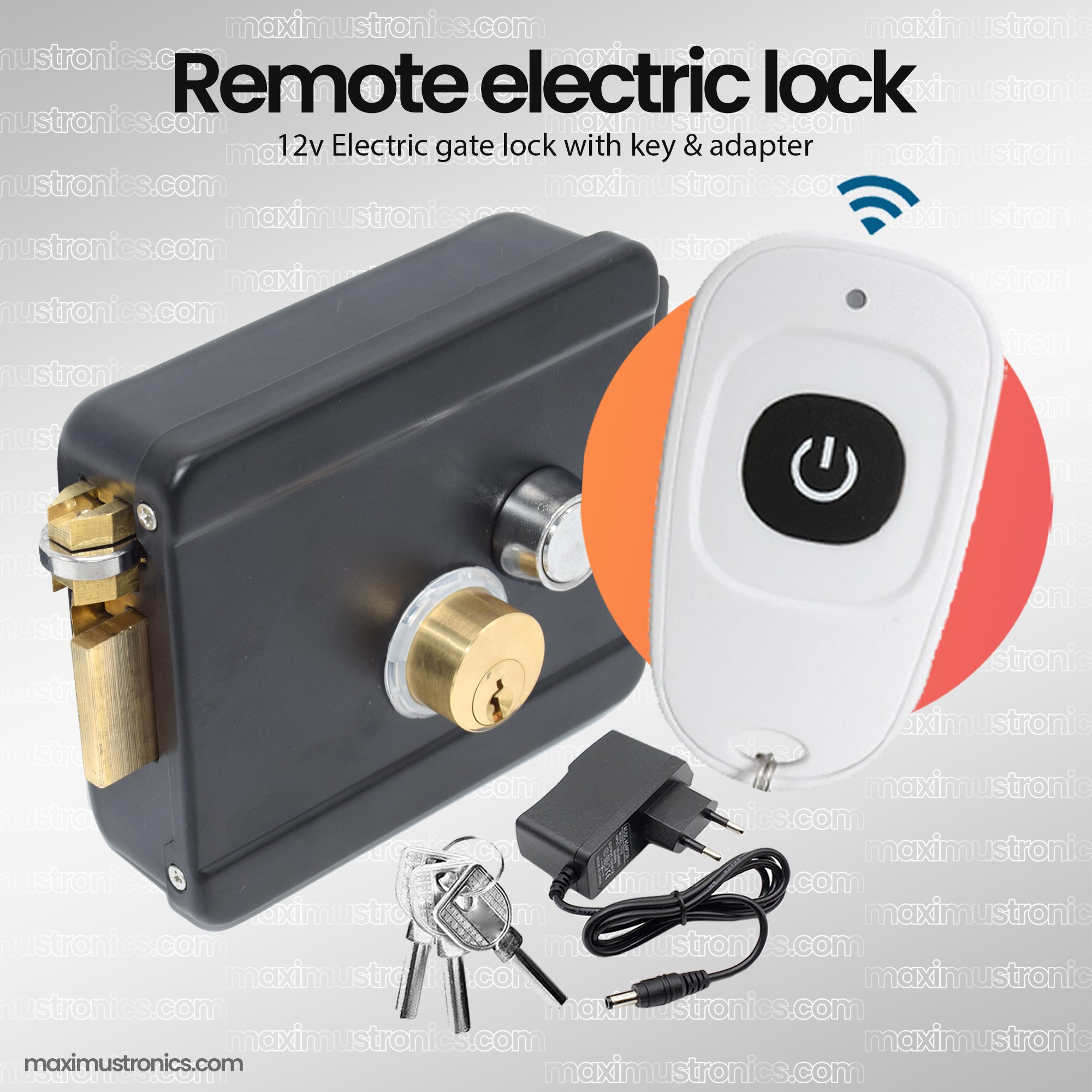 Remote Control RF 12V electric door lock for main gate with adapter and keys - install on both side right inward and outward, left inward and outward