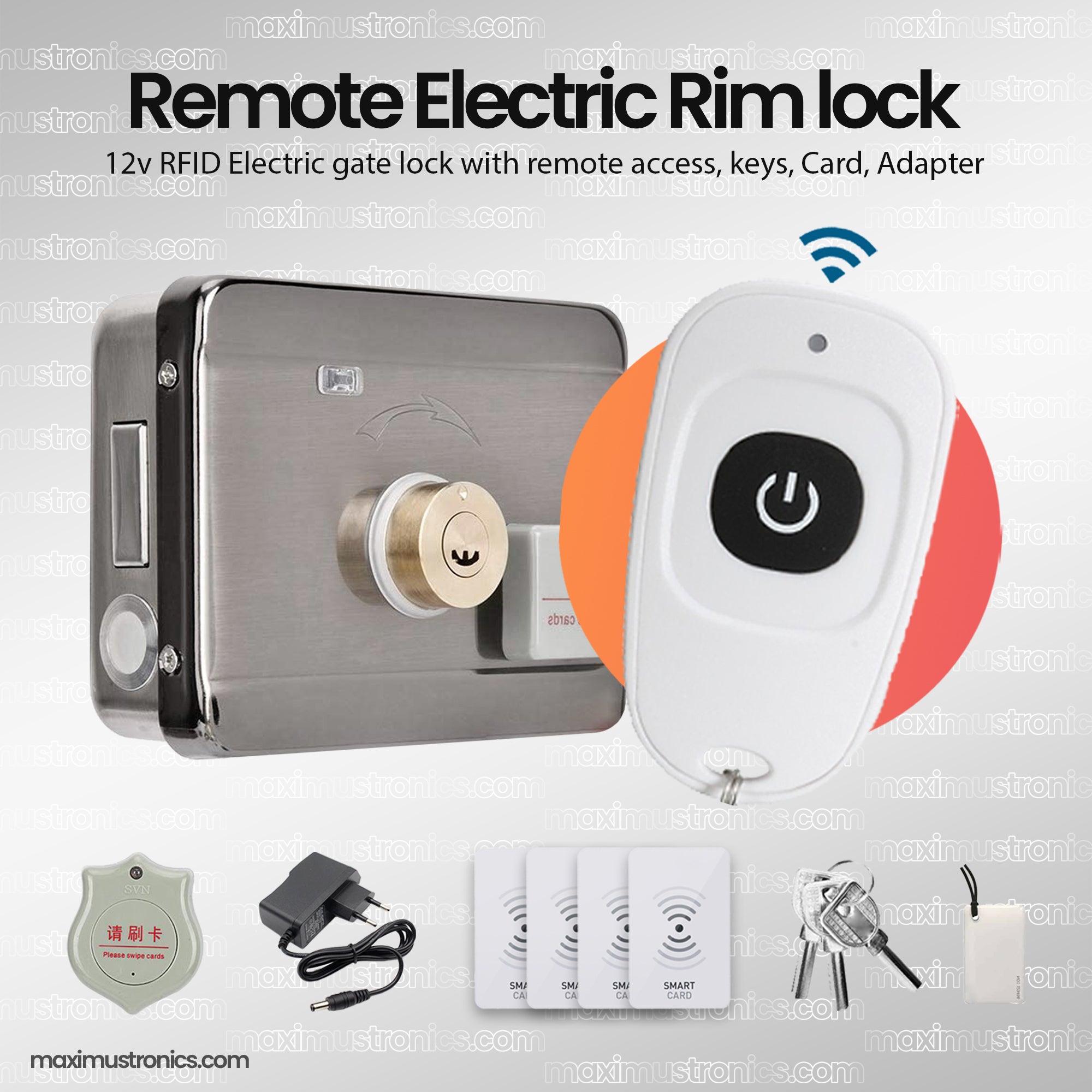 RFID Electric rimlock RF433mhz with remote control door lock main gate lock 12V DC RF ID card and tag 125Khz with keys