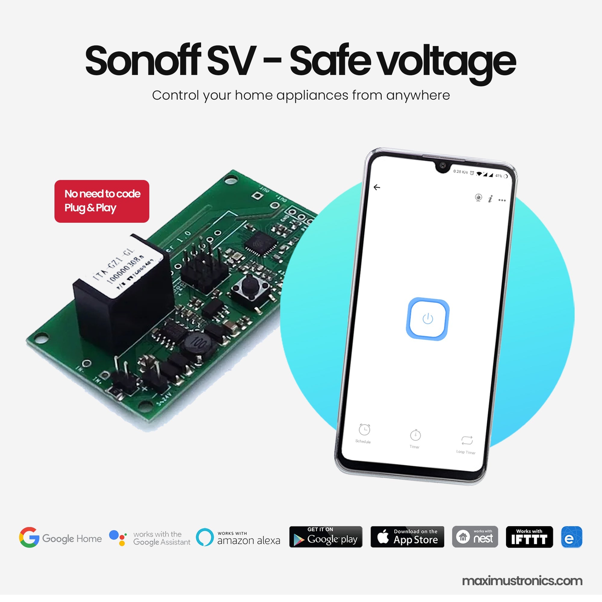 Sonoff SV Safe voltage smart wifi DC switch 5V 12V 24V 220V AC upto 10A home automation dry contact