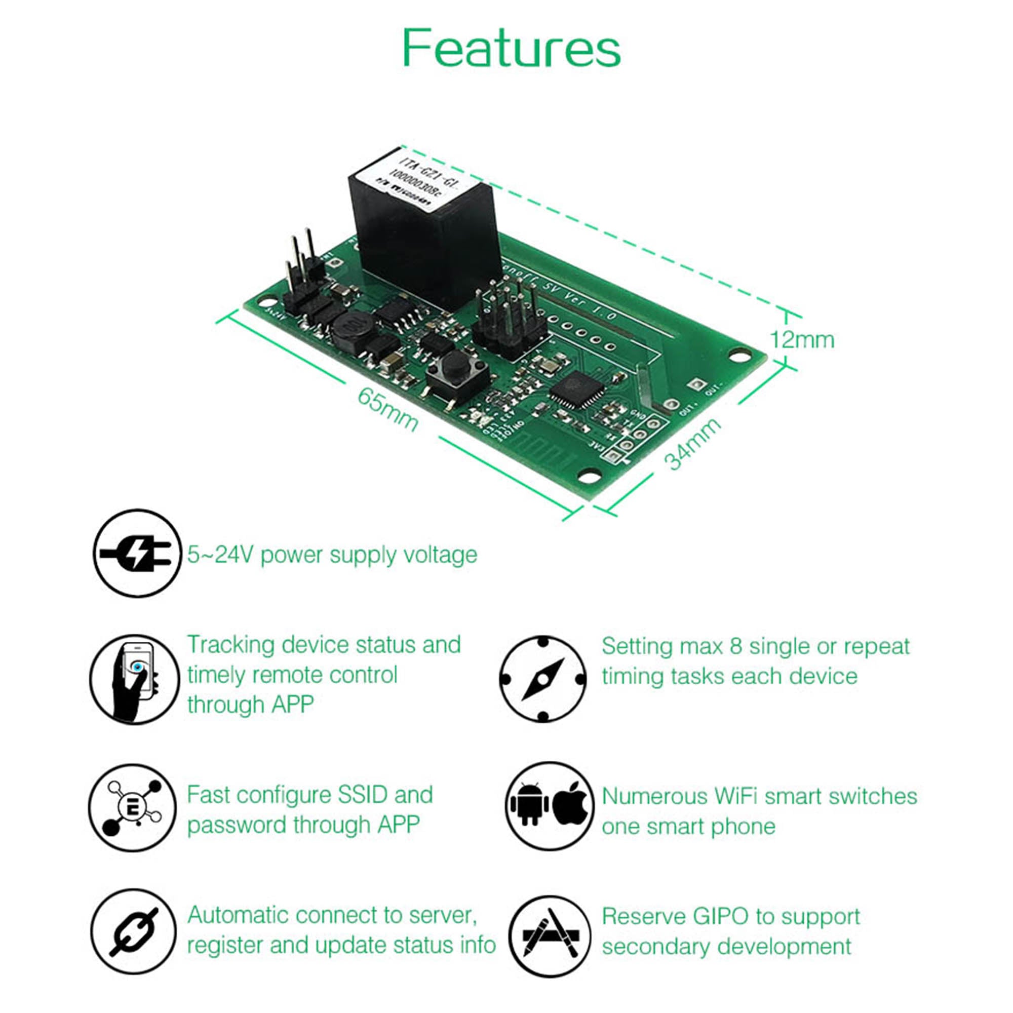 Sonoff SV Safe voltage smart wifi DC switch 5V 12V 24V 220V AC upto 10A home automation dry contact