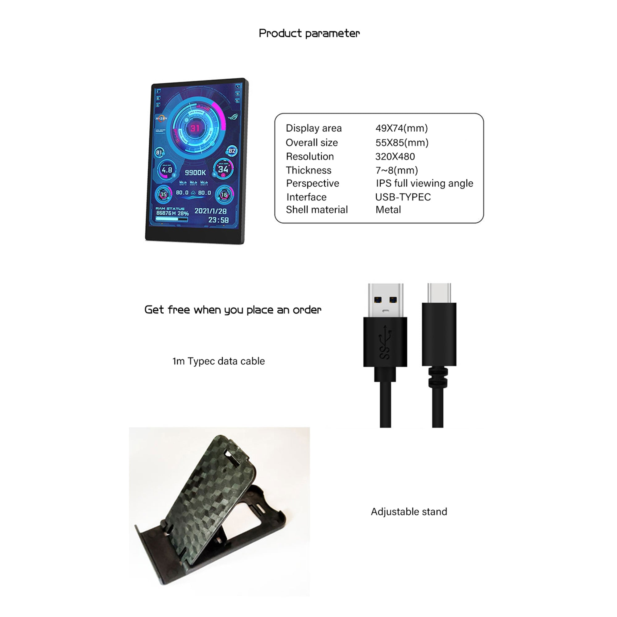 New 3.5 Inch IPS Type-C Secondary Screen Computer CPU GPU RAM HDD Monitor USB Type-C Display For Freely AIDA64 Turing Turzx software