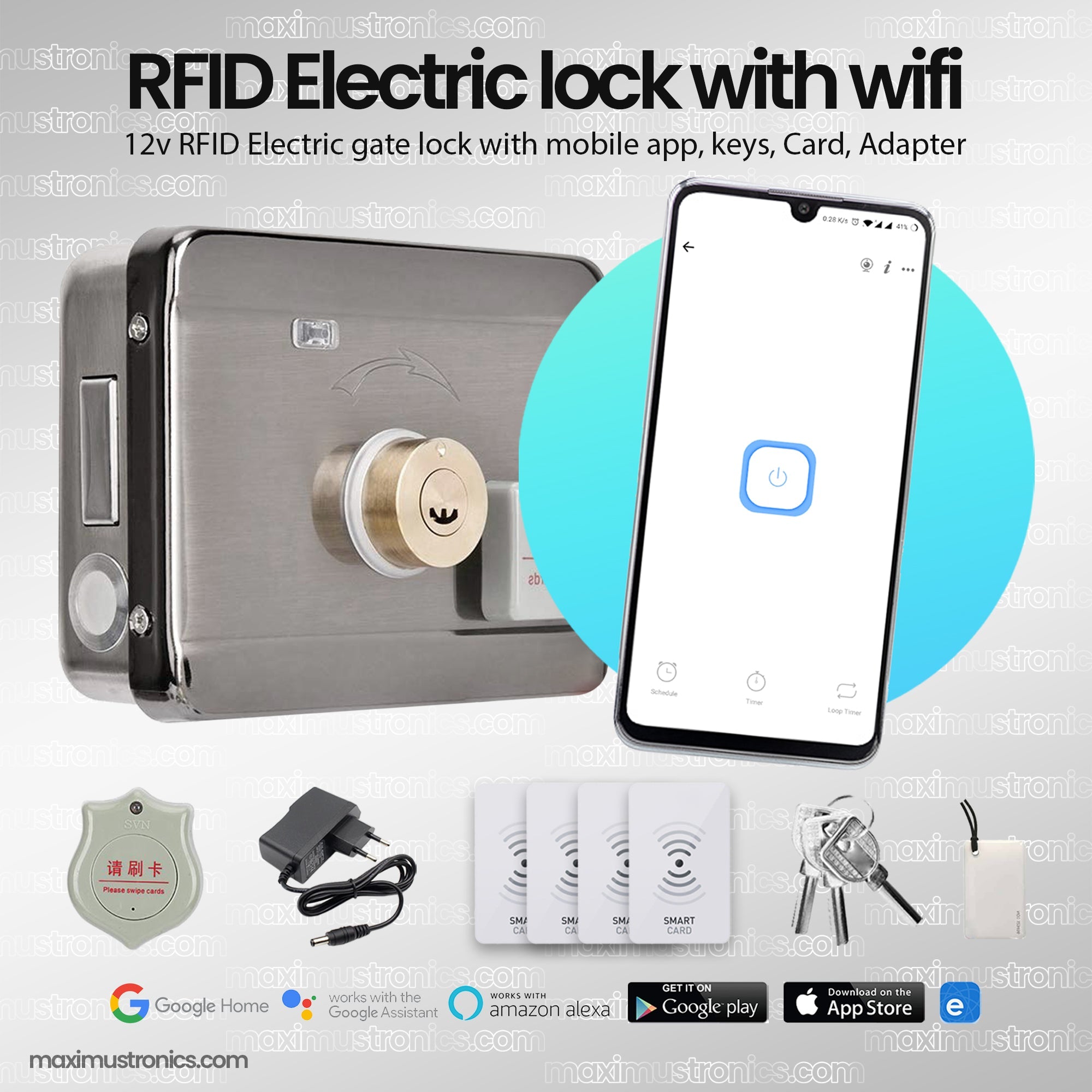 Wifi RFID Electric rim lock door lock for main gate lock 12V DC RFID card and tag 125Khz with keys for home and office use app sonoff sv ewelink